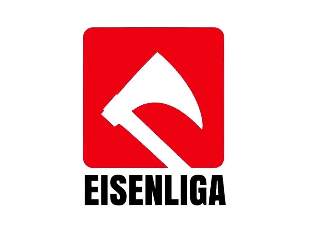 Logo with a red square and a white hammer and sickle symbol, and the word 'Eisenliga' written below in bold black letters.