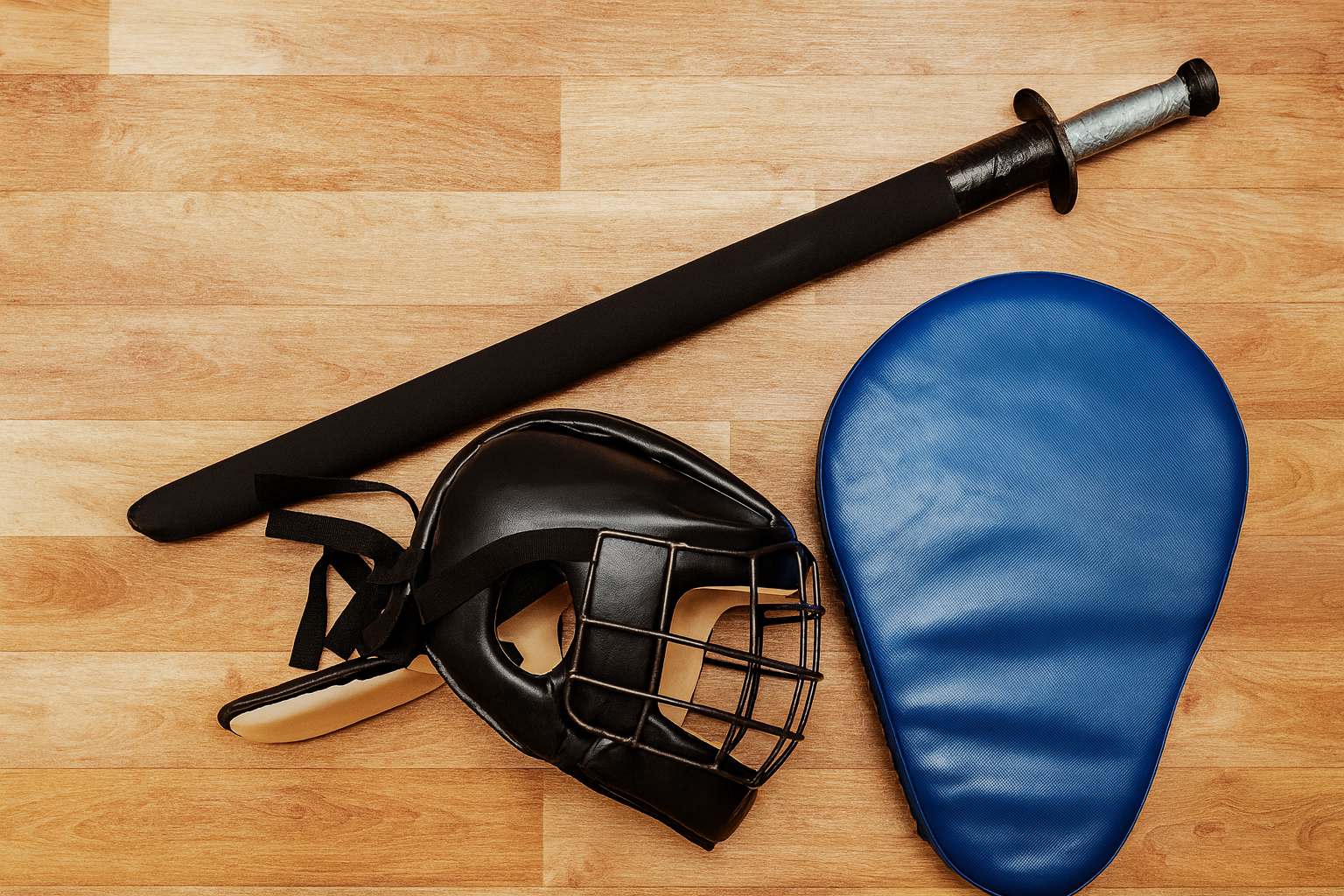 Baseball bat, catcher's mask, and blue training mitt on a wooden floor.