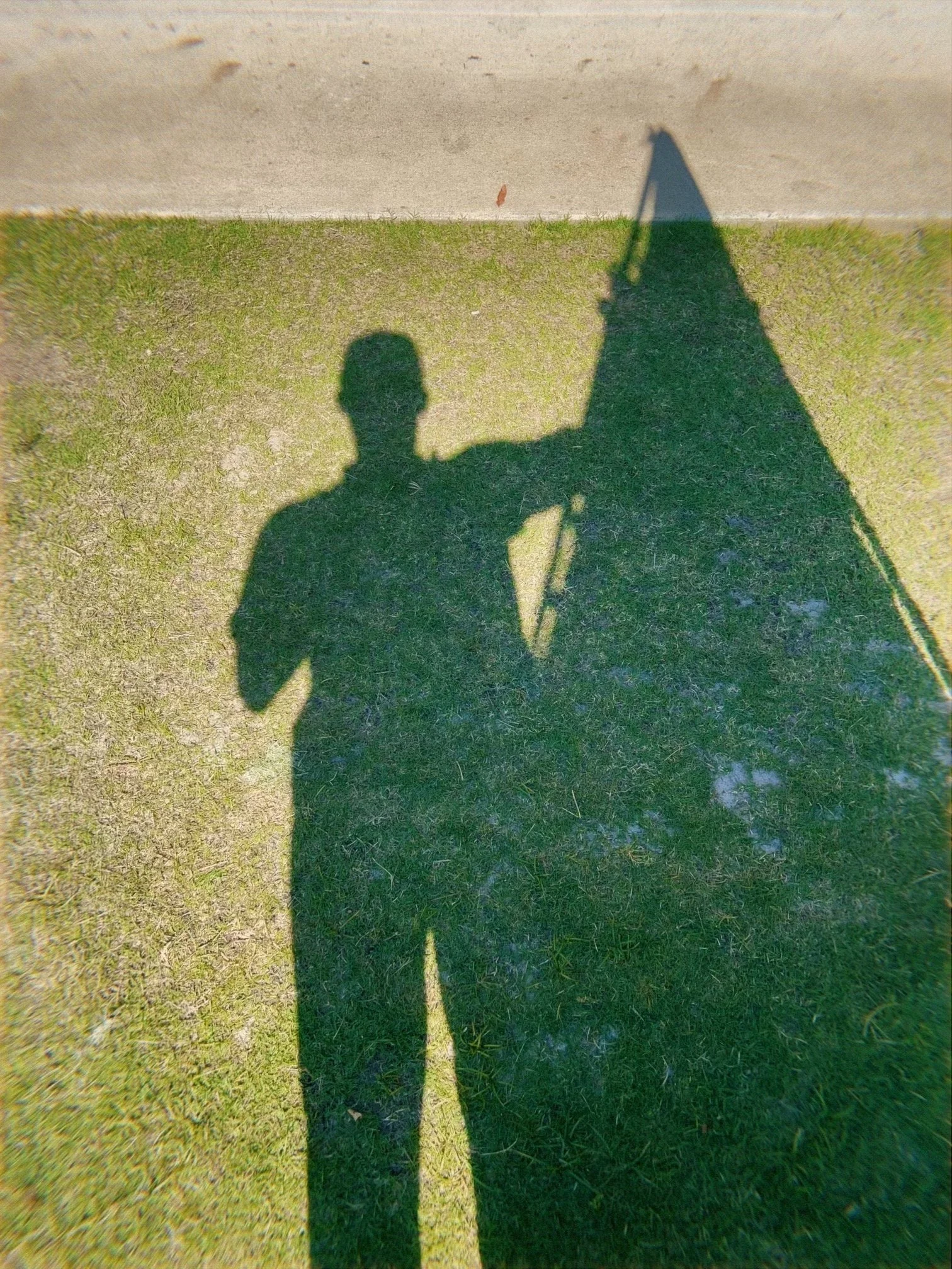 Shadow of a person on grass holding a flagpole with a flag on it.