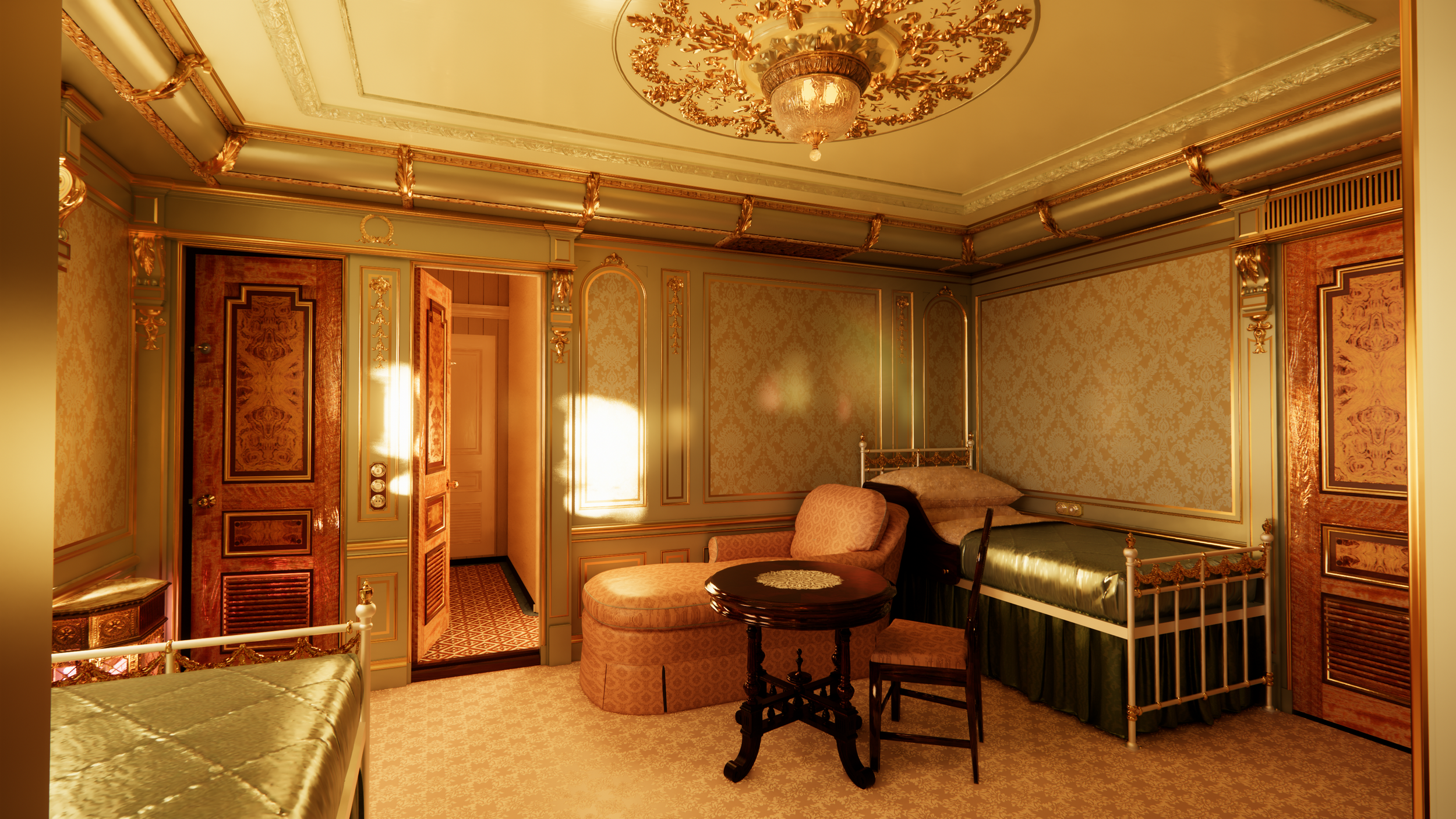 Luxurious bedroom with ornate gold accents, classic furniture, and golden lighting.
