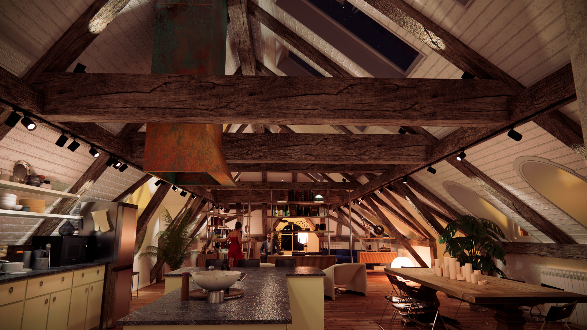 Interior of an attic apartment with exposed wooden beams, a kitchen area with yellow cabinets, a dining table with candles, and a living space with bookshelves, a desk, and seating. Two people are present near the bookshelves.