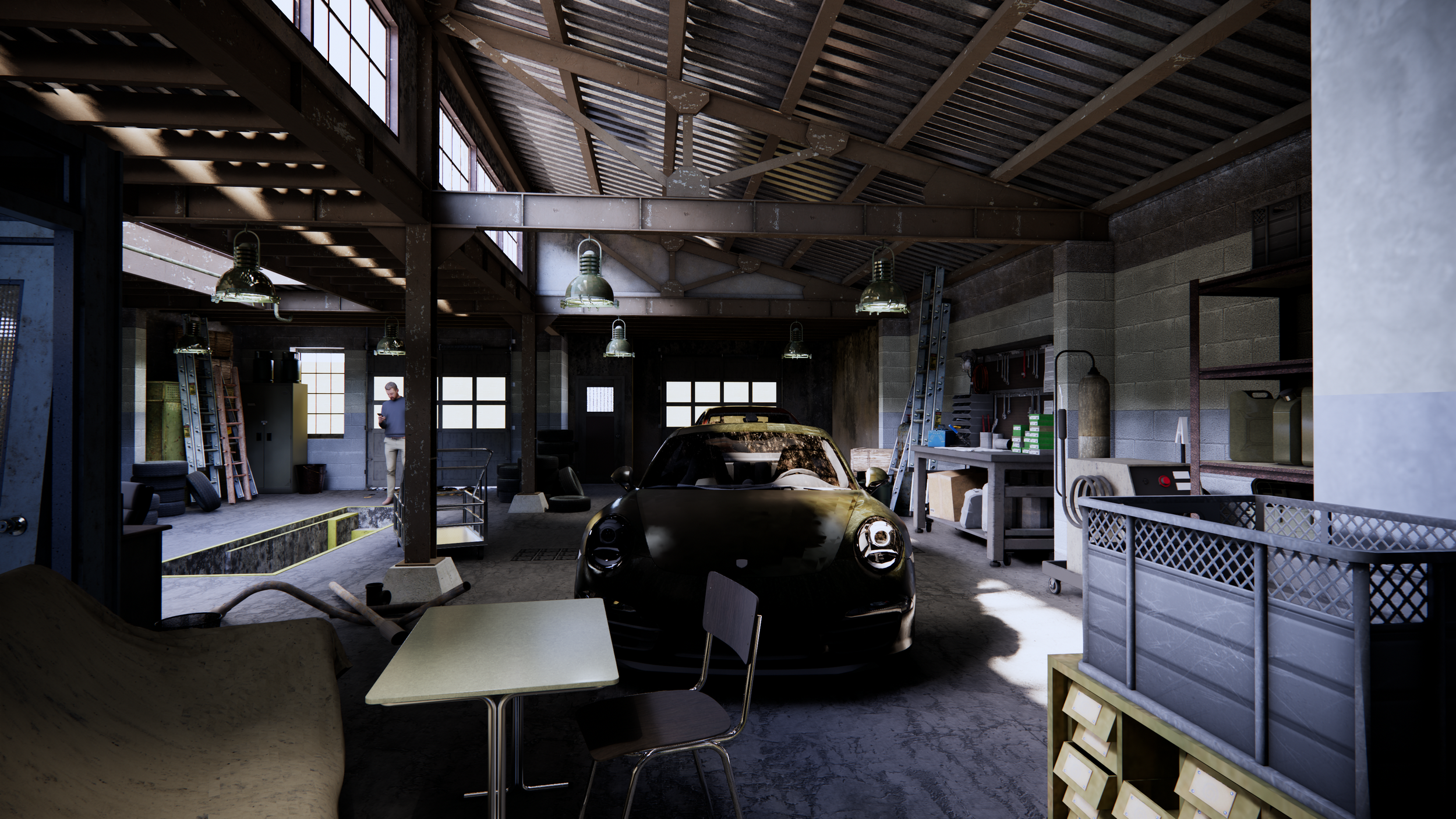 Interior of a cluttered garage with a black sports car in the center, a person standing near a wall, benches, shelves with car parts, and tools.
