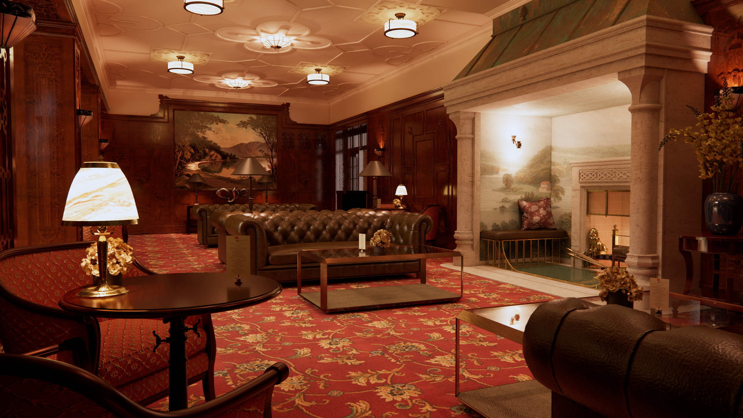 Elegant hotel lobby with red patterned carpet, leather sofas, wooden tables, standing lamps, and a fireplace with a mural of a landscape. Decor includes flowers in vases, cushions, and wall art, with warm lighting creating a cozy atmosphere.