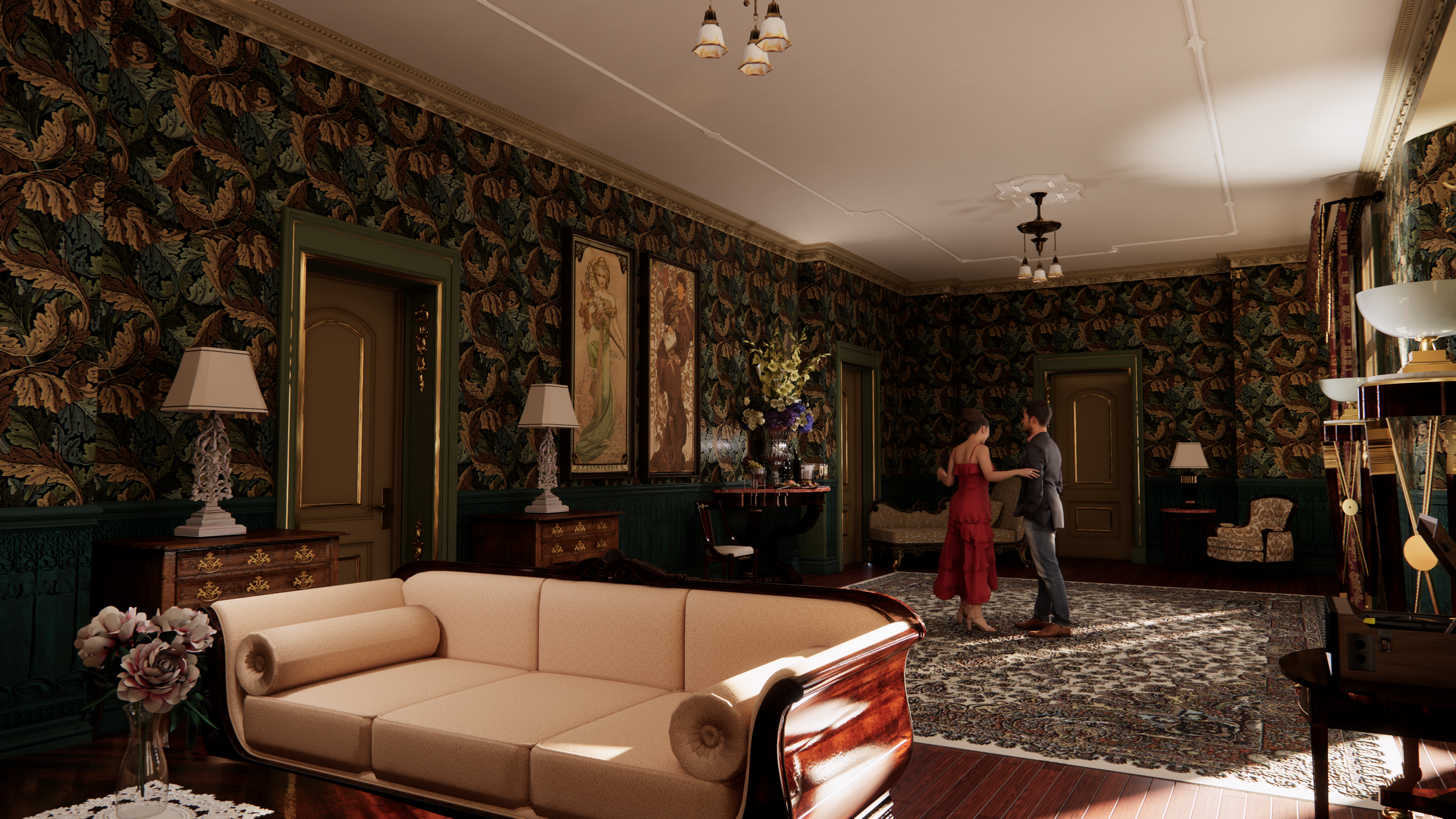 Elegant vintage-style living room with floral wallpaper, antique furniture, and two people dancing.