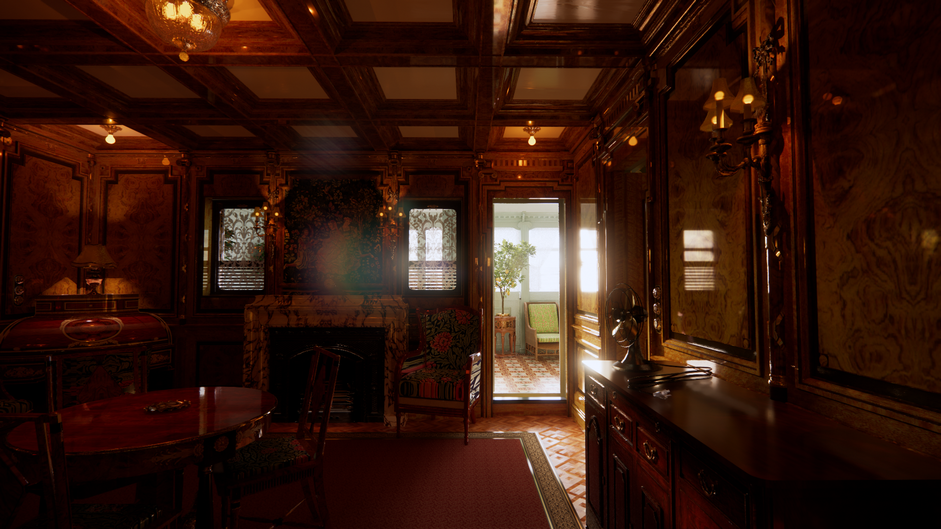 A richly decorated vintage living room with dark wooden paneling, a marble fireplace, a small round wooden table, upholstered chairs, and a corridor leading to a sunlit balcony with potted plants.