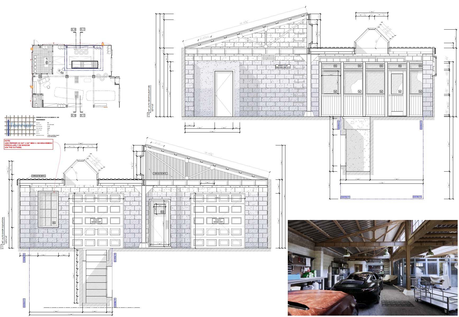 Architectural blueprint and interior photo of a garage or workshop with cars, tools, and workspace.