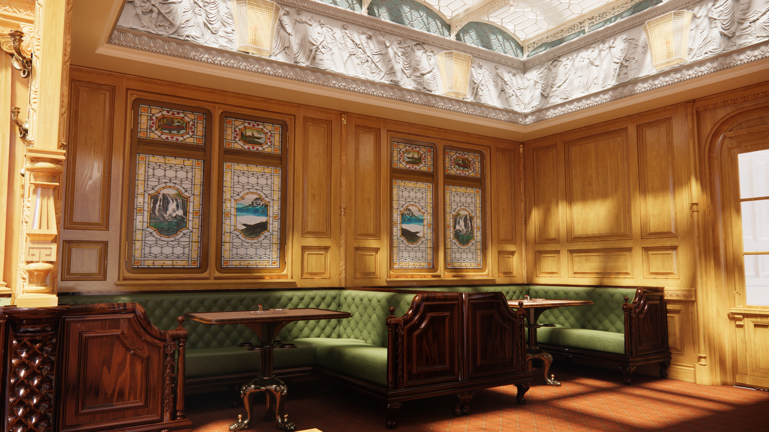 Elegant restaurant interior with wood-paneled walls, stained glass windows, green tufted seating, and ornate woodwork.