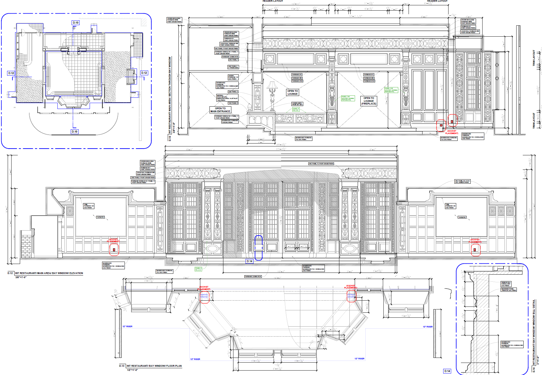 Architectural blueprint of a restaurant interior showing floor plan, elevation views, and detailed measurements for windows, doors, and structural elements.