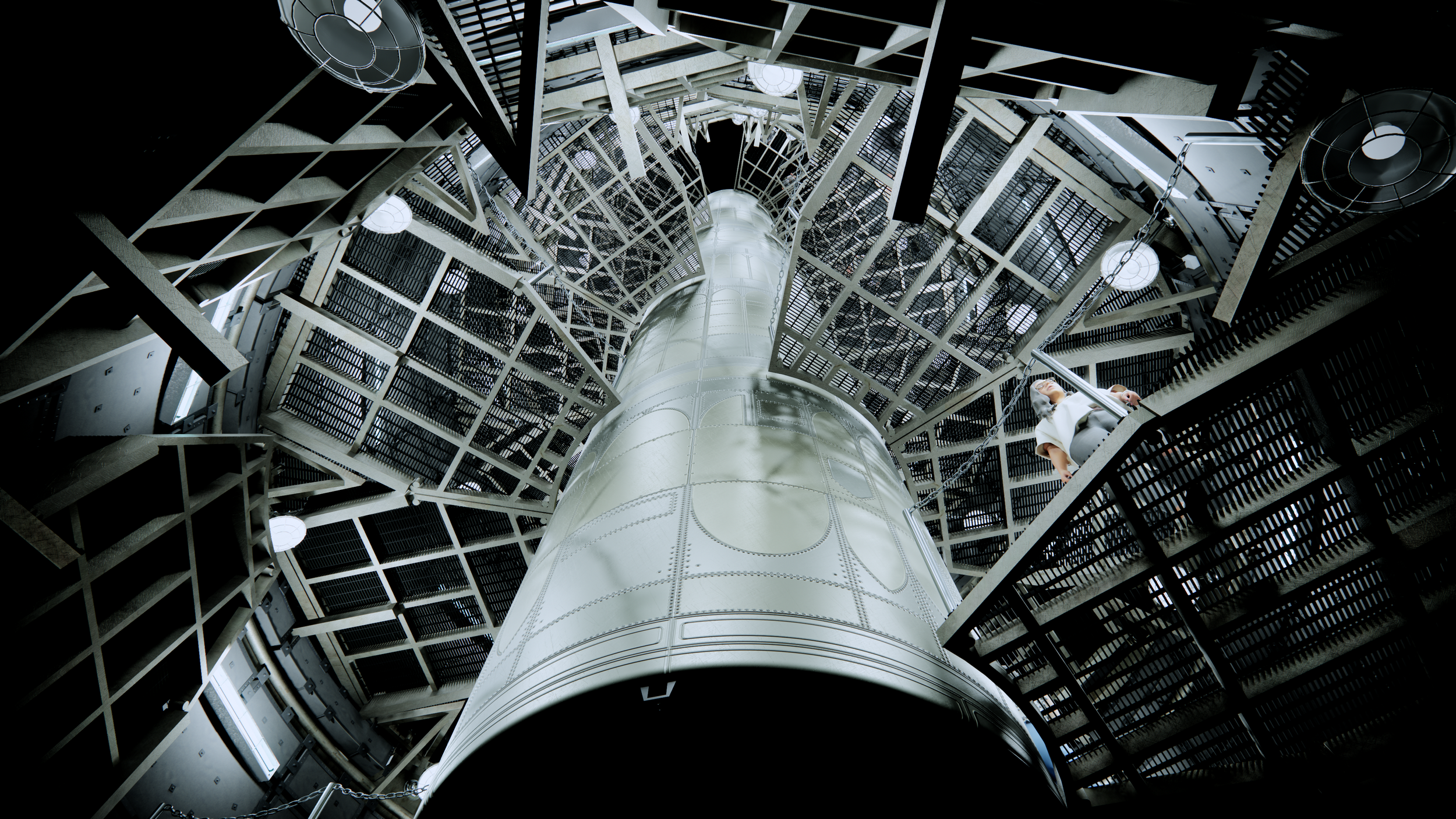 Inside the interior of a space rocket, showing the thick cylindrical body and intricate metal framework with stairs and lighting.