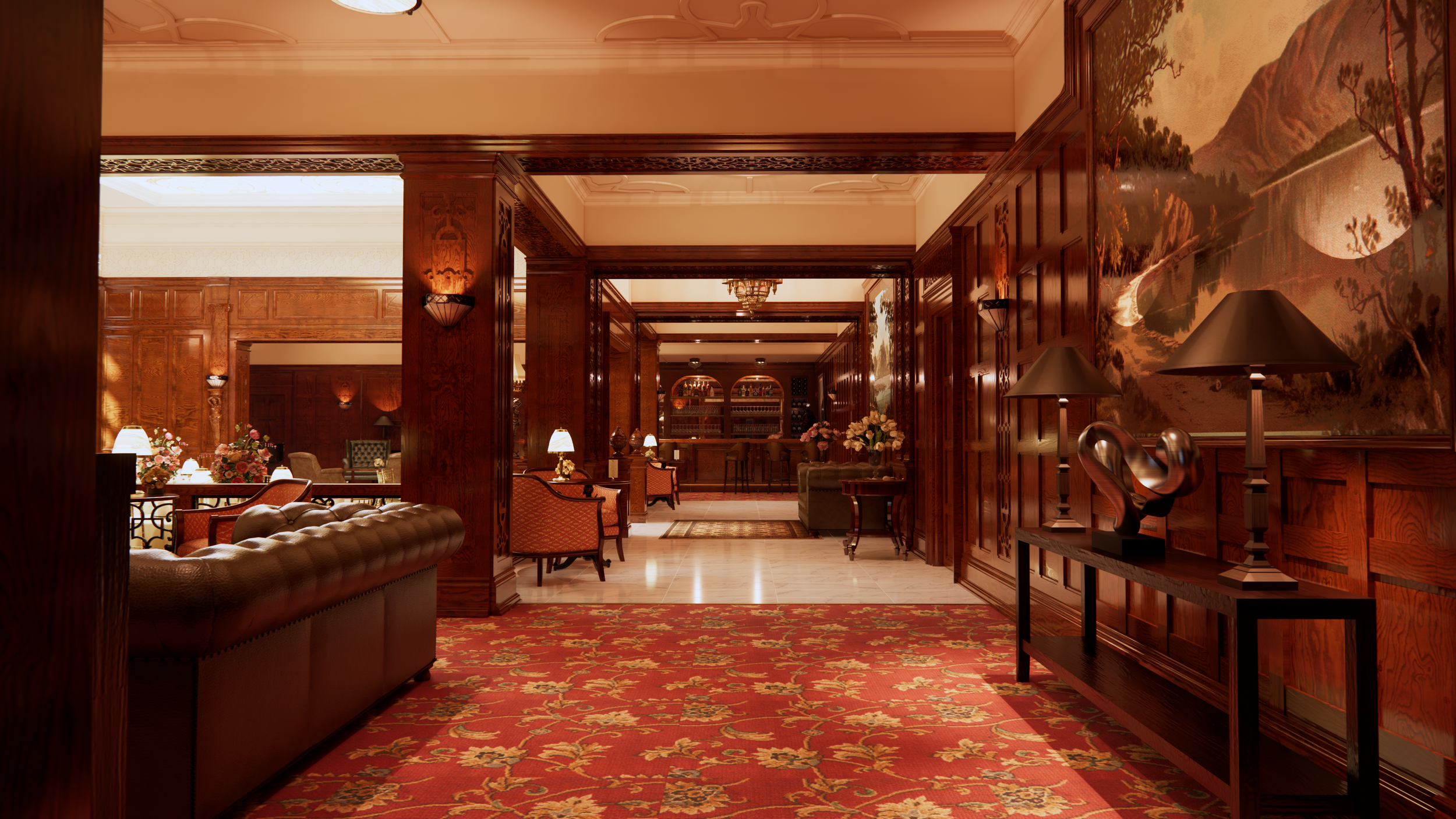 Luxurious hotel lobby with wood paneled walls, oriental carpet, leather sofa, and table lamps, featuring artwork on the wall and floral arrangements.