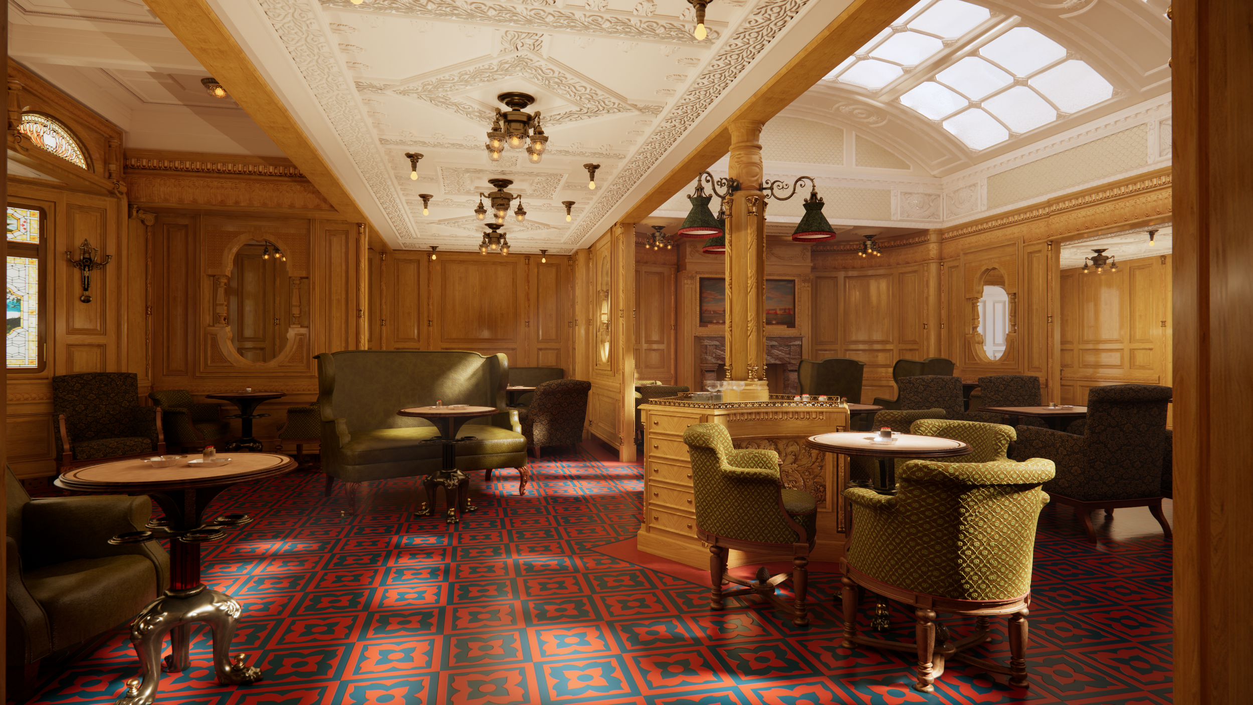 Elegant vintage-style lounge with green and patterned armchairs, wood-paneled walls, ornate ceiling, and geometric red and blue carpet.