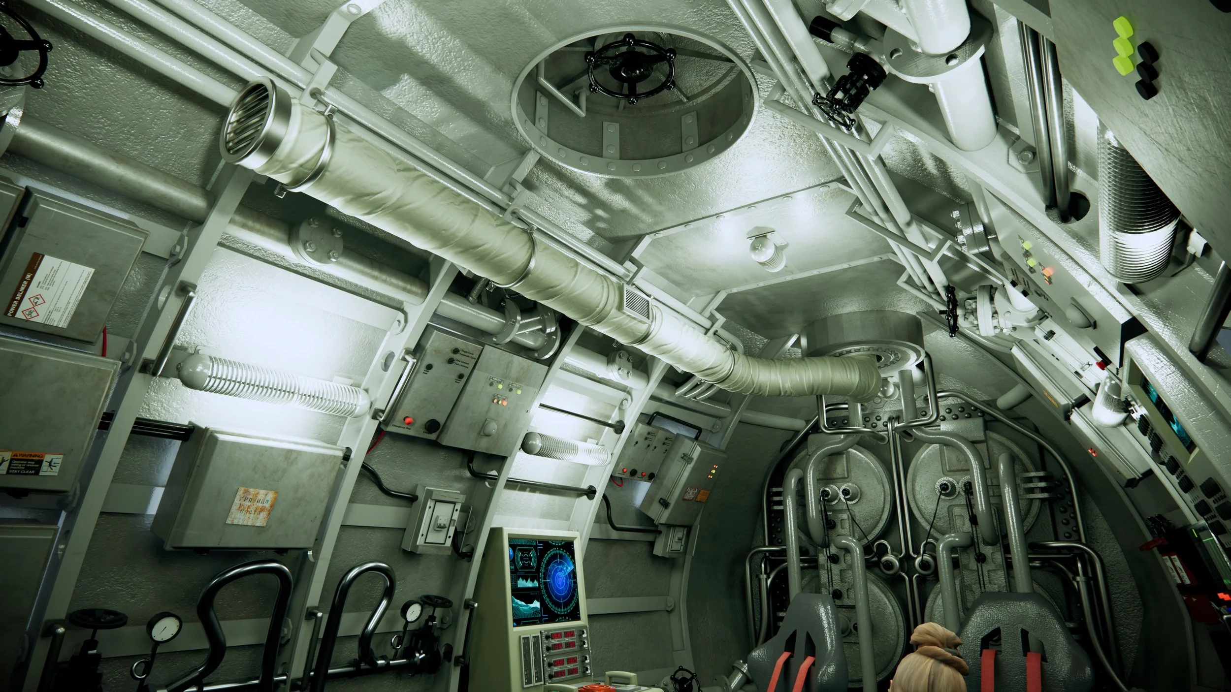 Interior of a spaceship or submarine, showing pipes, control panels, and machinery, with seats and screens.