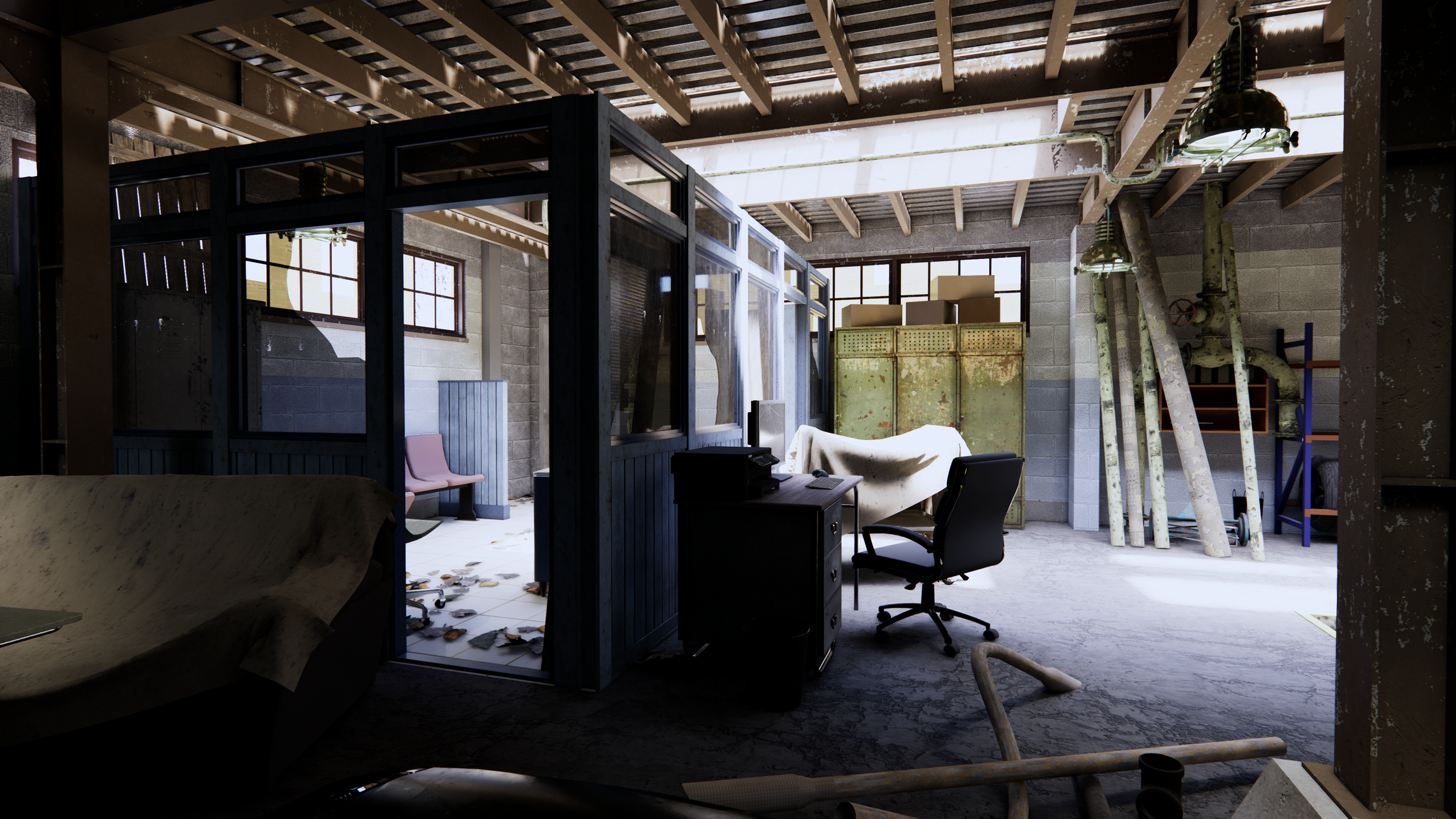 An abandoned workshop or storage room with old furniture, trash, and clutter, including a desk with a computer, office chair, sofa covered with a sheet, metal cabinets, and scattered debris.