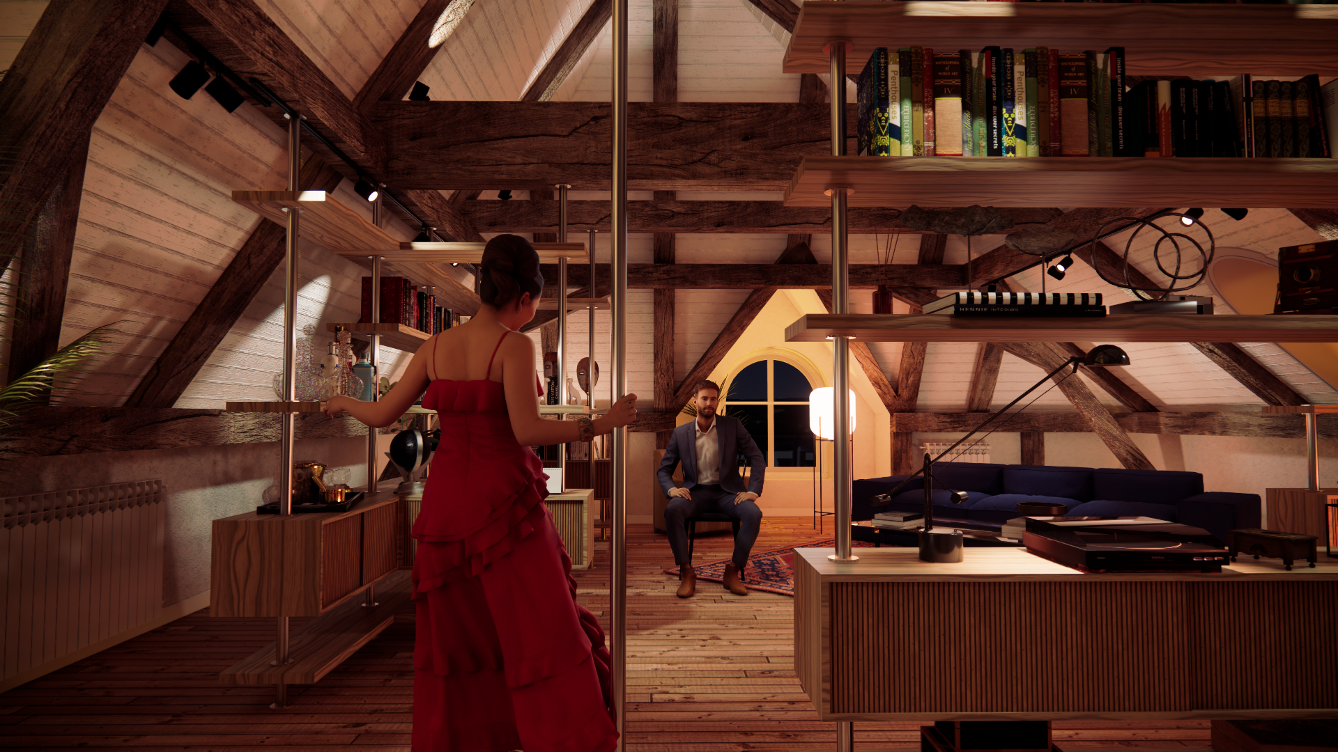 A woman in a red dress on a dance pole in a cozy attic living room with wooden beams, a man seated on a chair, bookshelf, and modern decor at night.