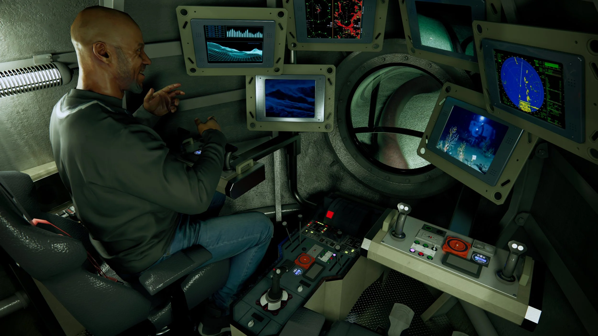 A person sitting in a control room with multiple monitors displaying charts, graphs, and underwater scenes.