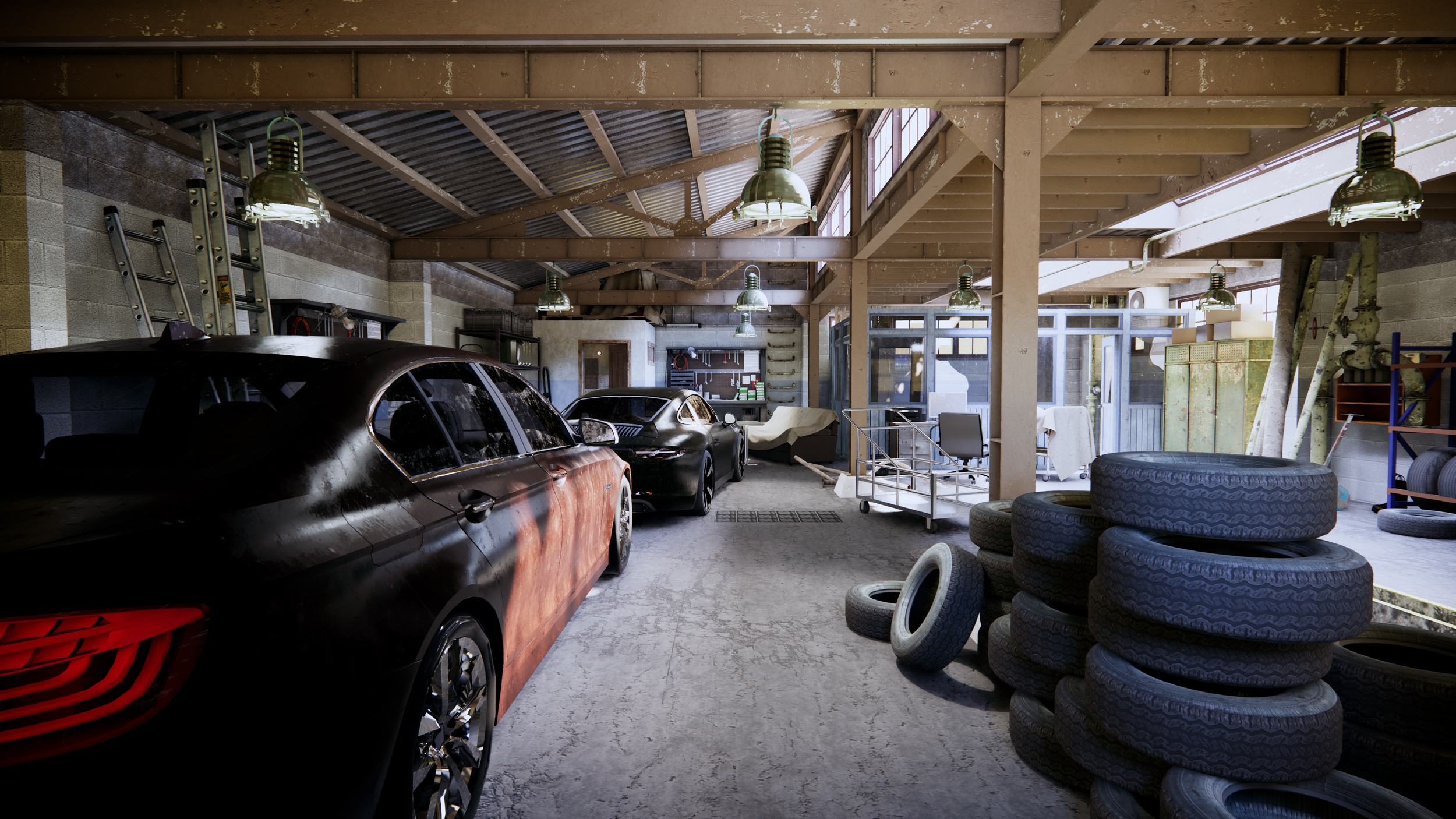 Interior of a garage with two parked cars, tires stacked on the right, shelving and tools along the walls, and wooden beams on the ceiling.