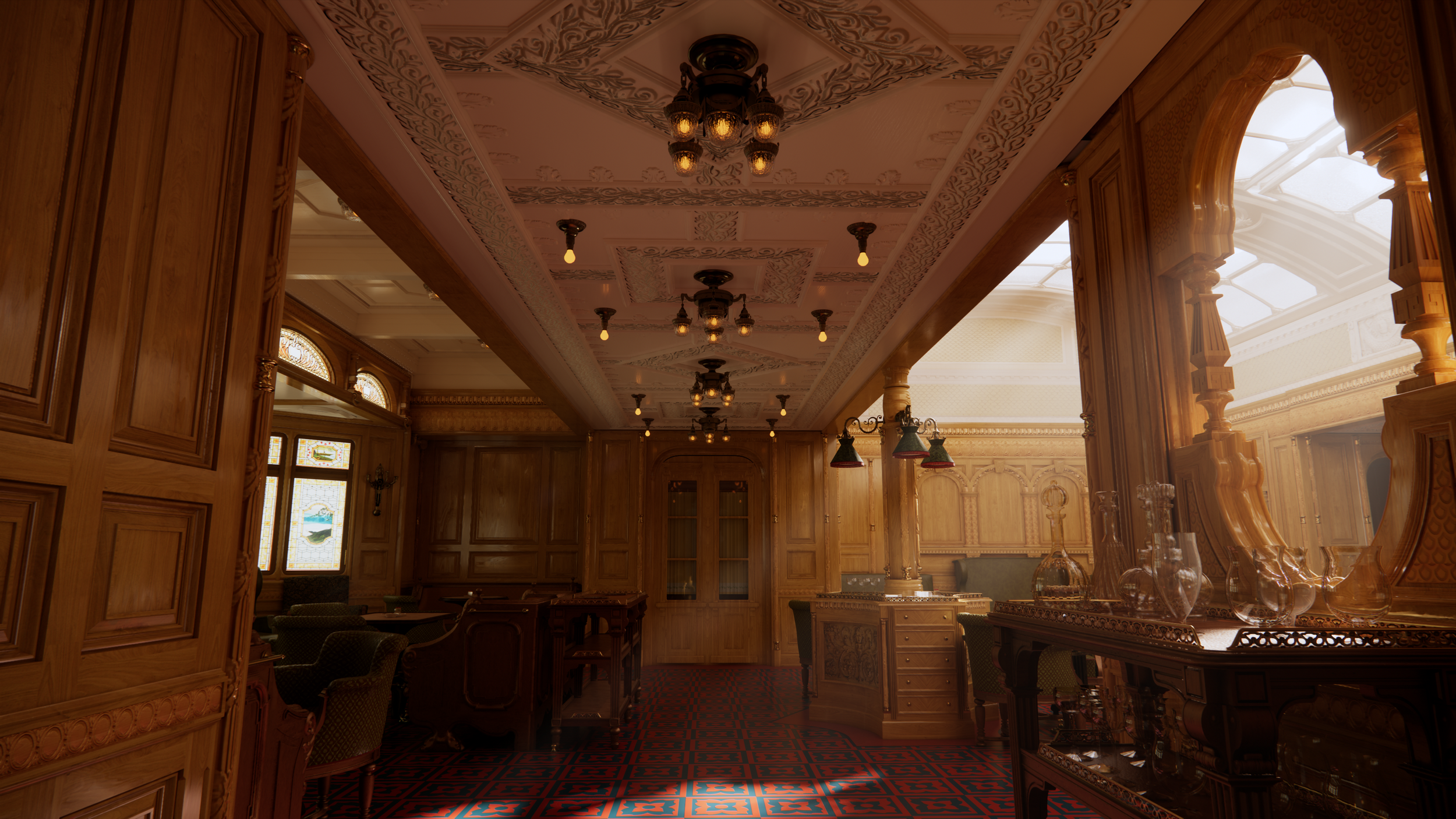 Interior of a luxurious room with wooden paneling, stained glass windows, ornate ceiling, vintage lighting, and antique furniture.