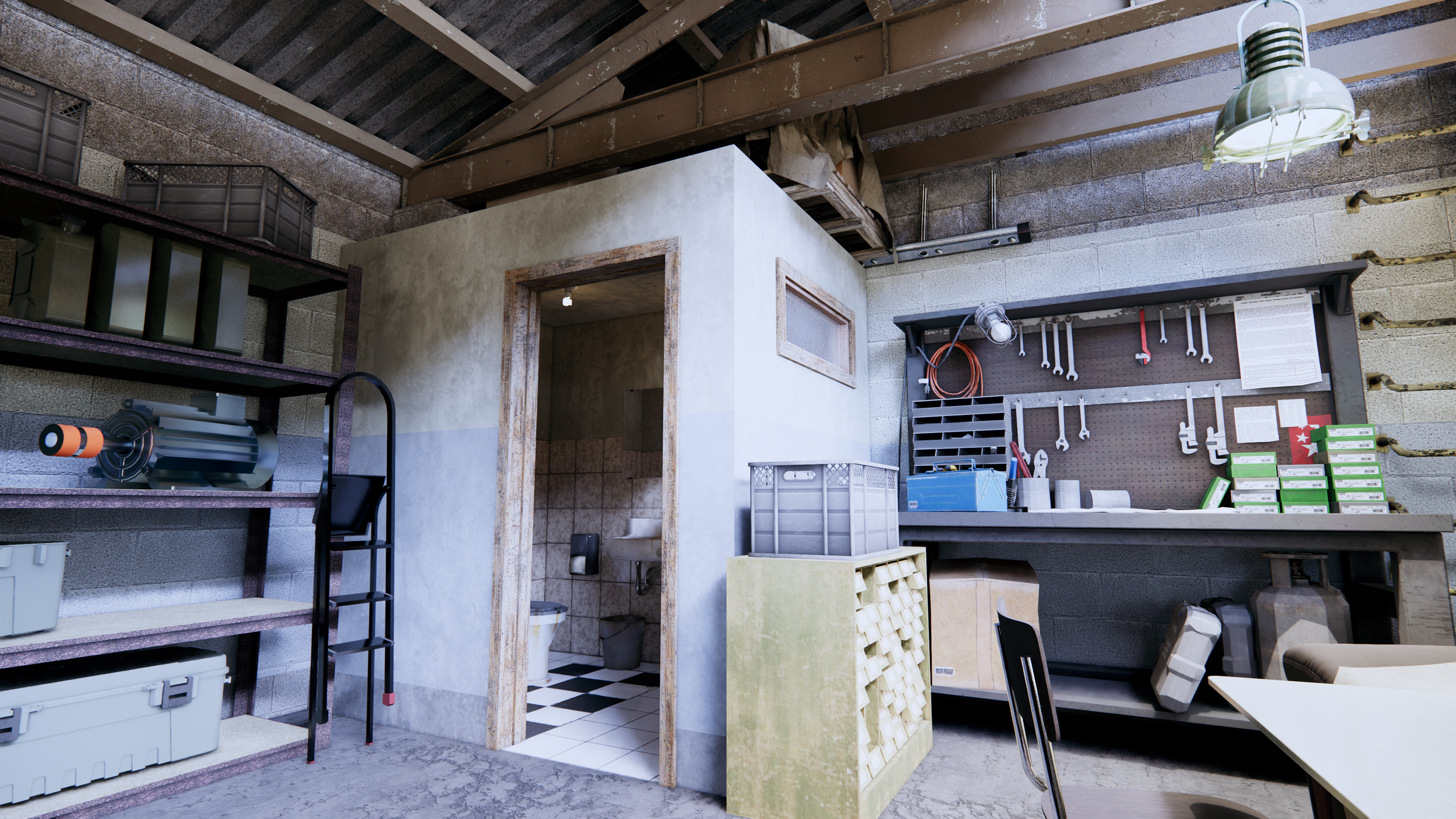 Workshop with tools hanging on a pegboard, shelves with boxes, and a small bathroom with a toilet.