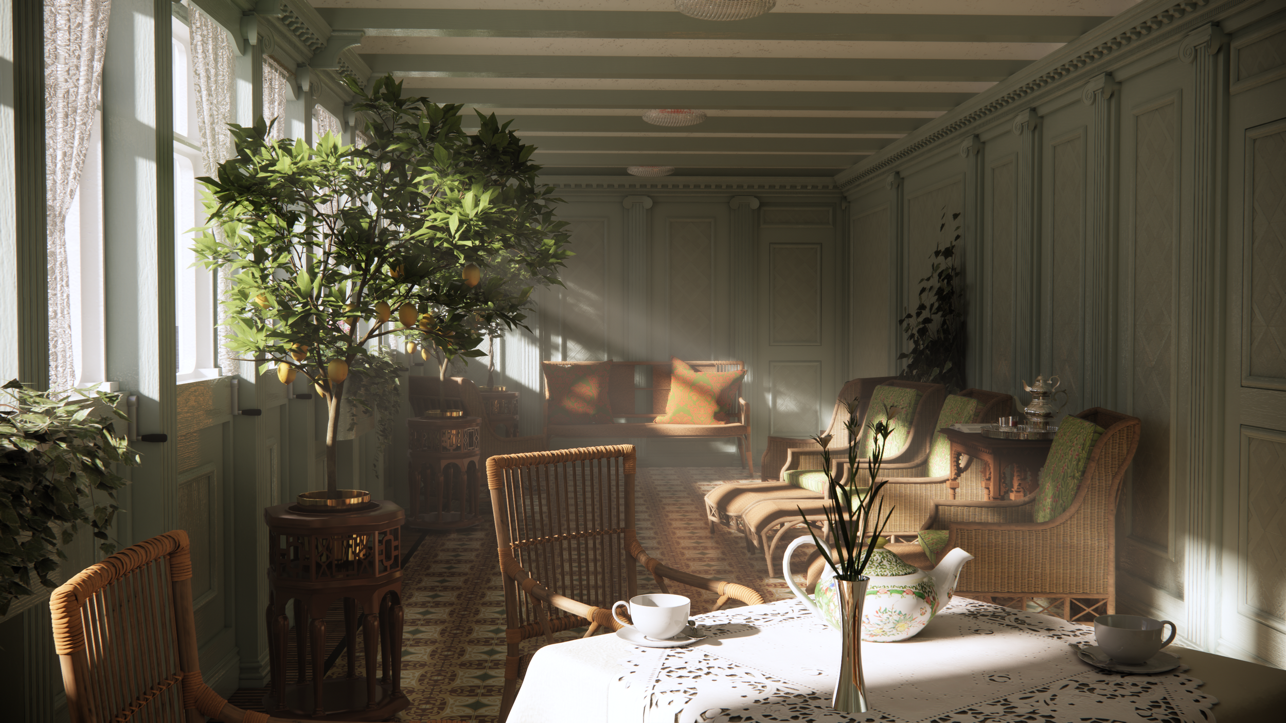 A sunlit interior room with green-paneled walls, wicker and upholstered chairs, a table with a tea set, and a lemon tree in a pot. Light streams through lace curtains.