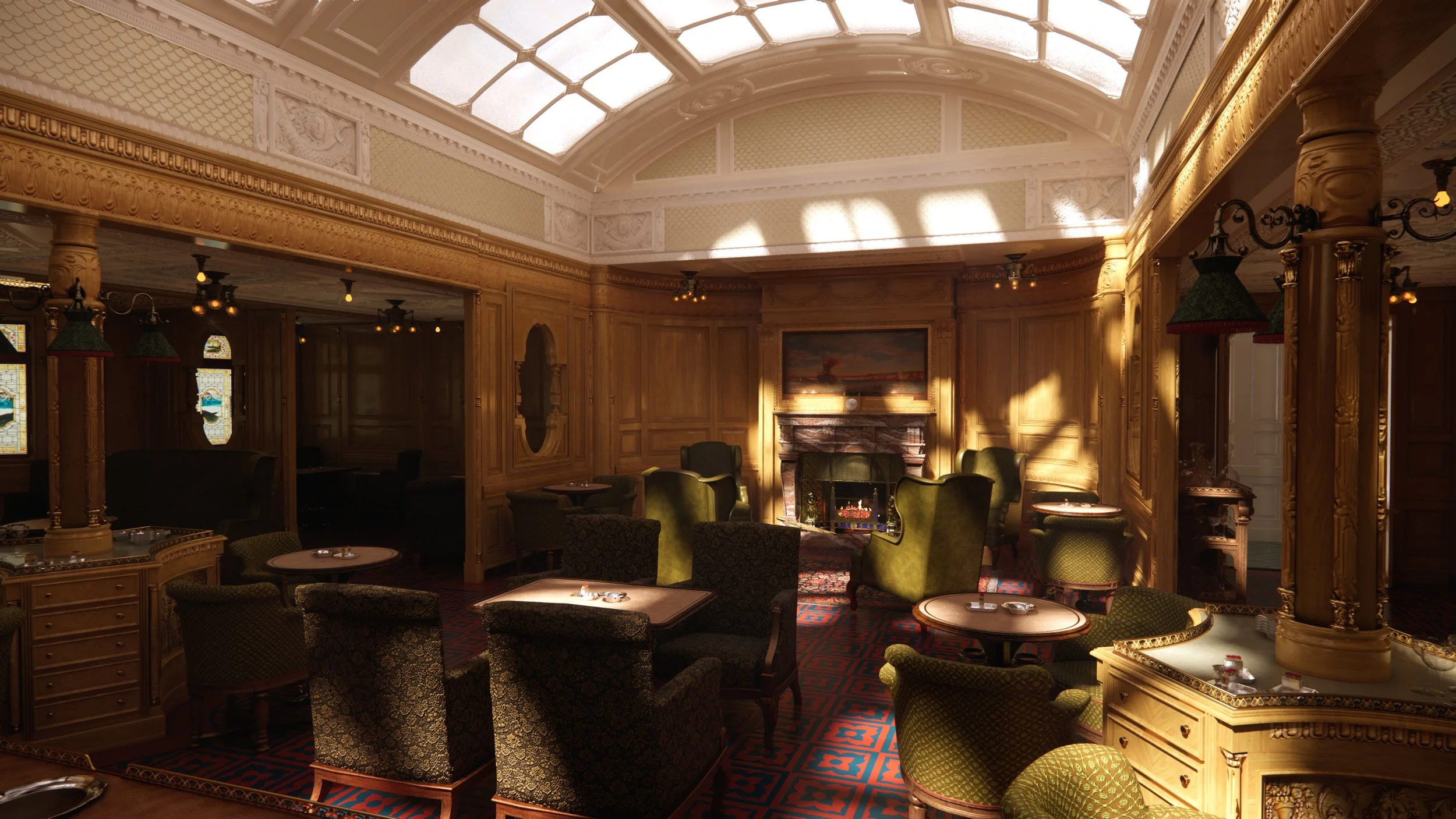 Elegant lounge area with wooden paneled walls, green armchairs, and a marble fireplace, illuminated by natural light through a large curved skylight.