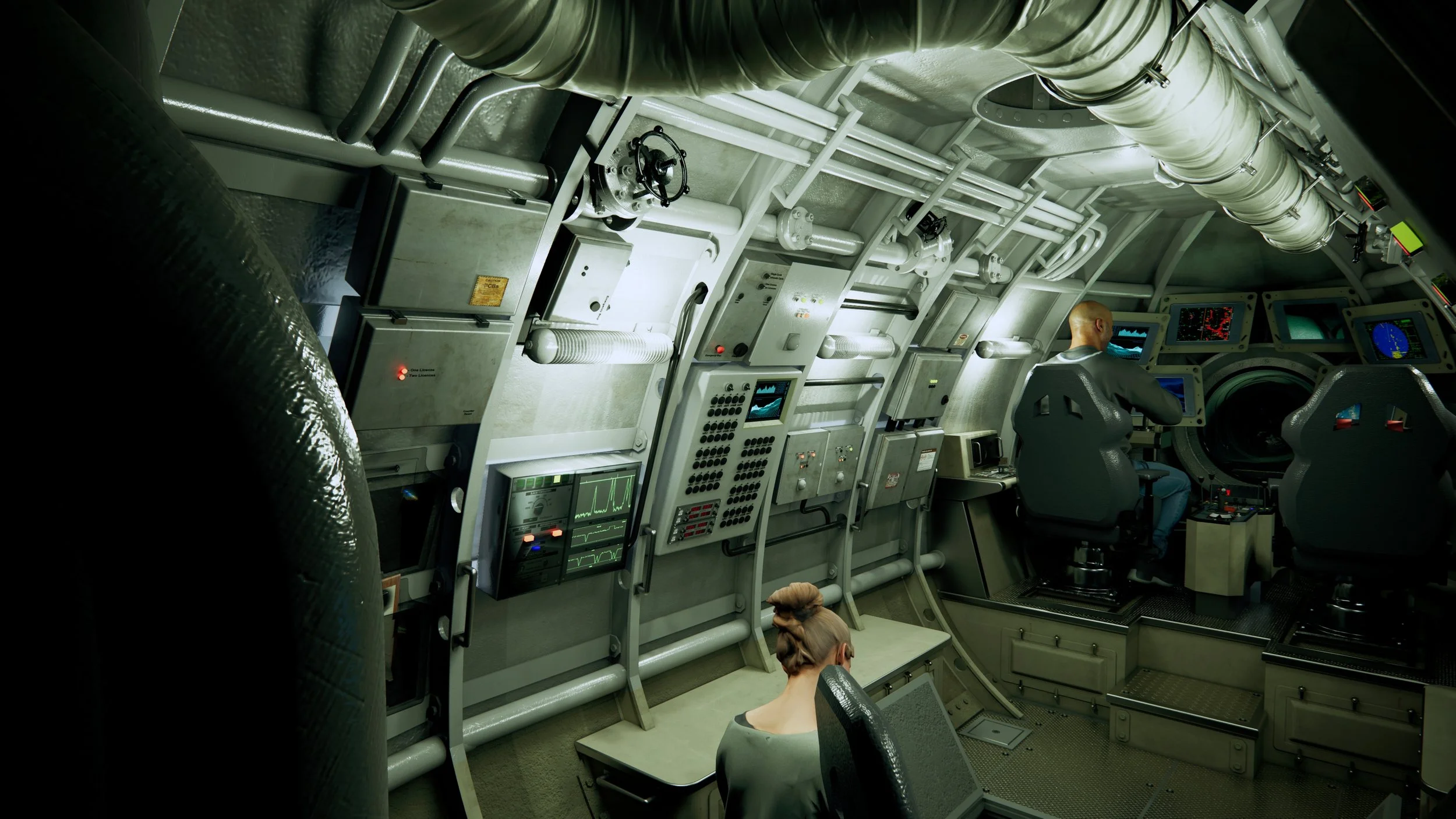 Inside a futuristic spaceship cockpit with two crew members working at control panels and computers surrounded by various screens and machinery.
