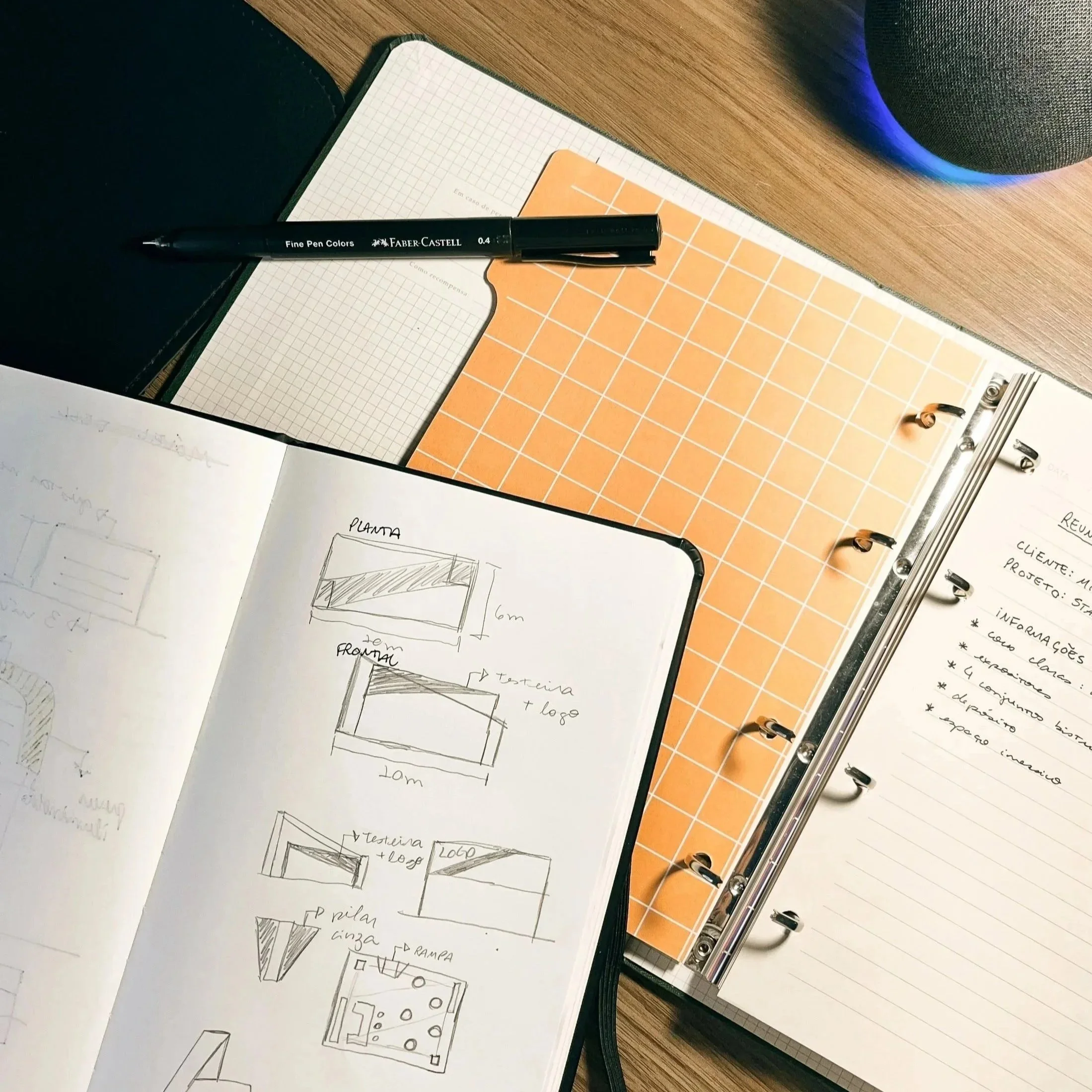 Cadernos abertos com anotações e esquemas, um com o desenho de uma planta e outra com textos, uma caneta preta, uma pasta de anotações colorida e uma caixa de som sobre uma mesa de madeira.