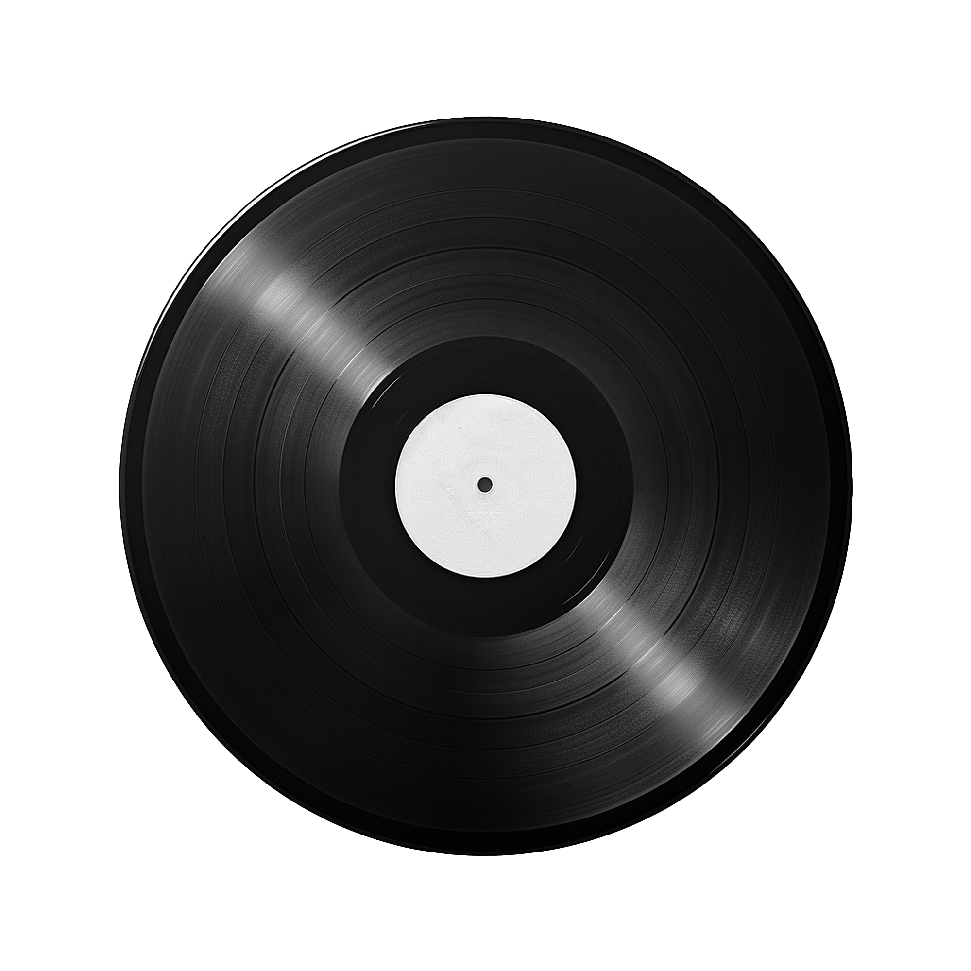 Close-up of a black vinyl record with a blank white label in the center against a black background.