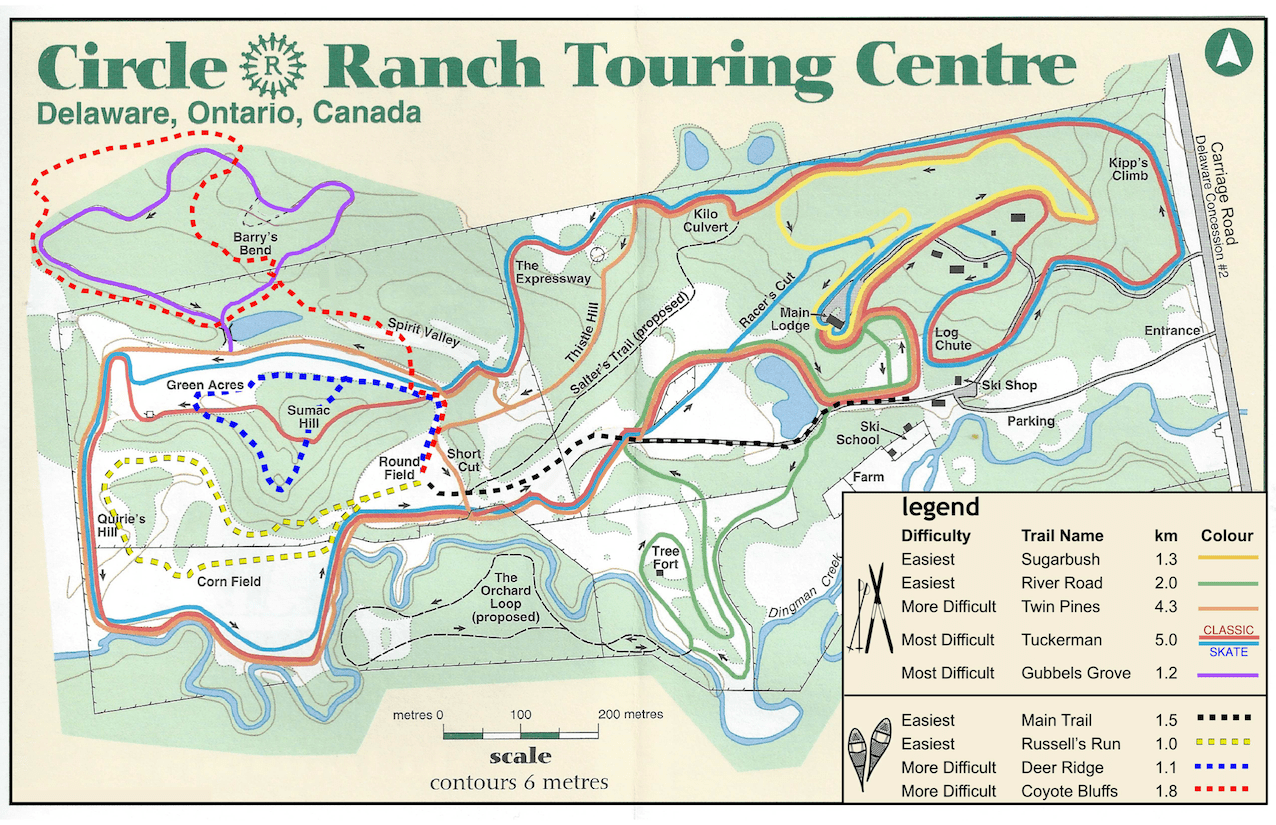 Map of Circle Ranch Touring Centre in Delaware, Ontario, Canada showing various trails and attractions, with a legend indicating trail difficulty, names, distance, and colors for different trail types.