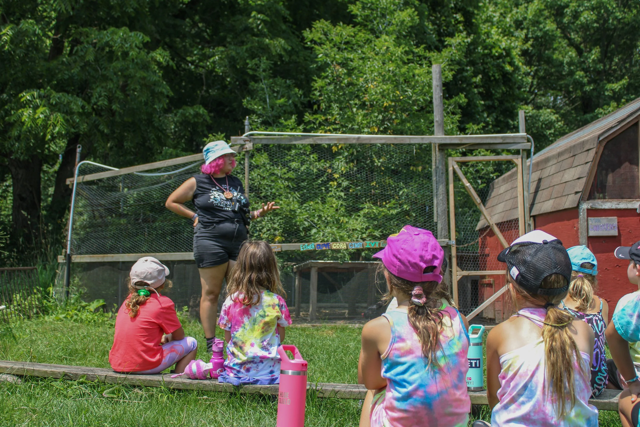 A woman with pink hair and sun hat giving a talk to a group of children sitting on grass, outdoors in front of a fenced enclosure with trees in the background.