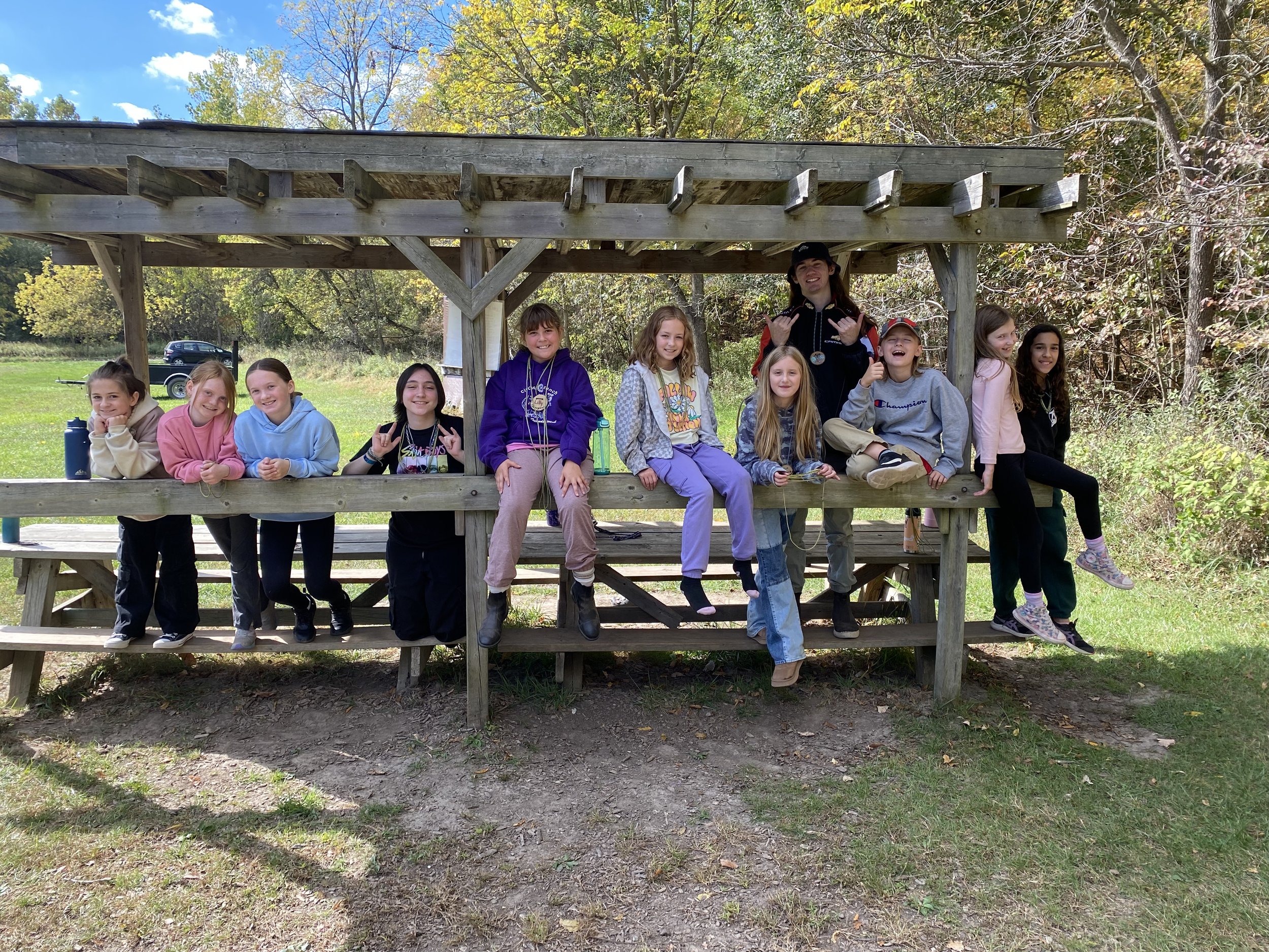 Group of children and one adult girl sitting and standing on the wooden structure with a scenic outdoor background of trees and grass.