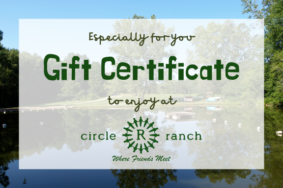 Gift certificate from Circle R Ranch with green text on a scenic outdoor background of trees and water.
