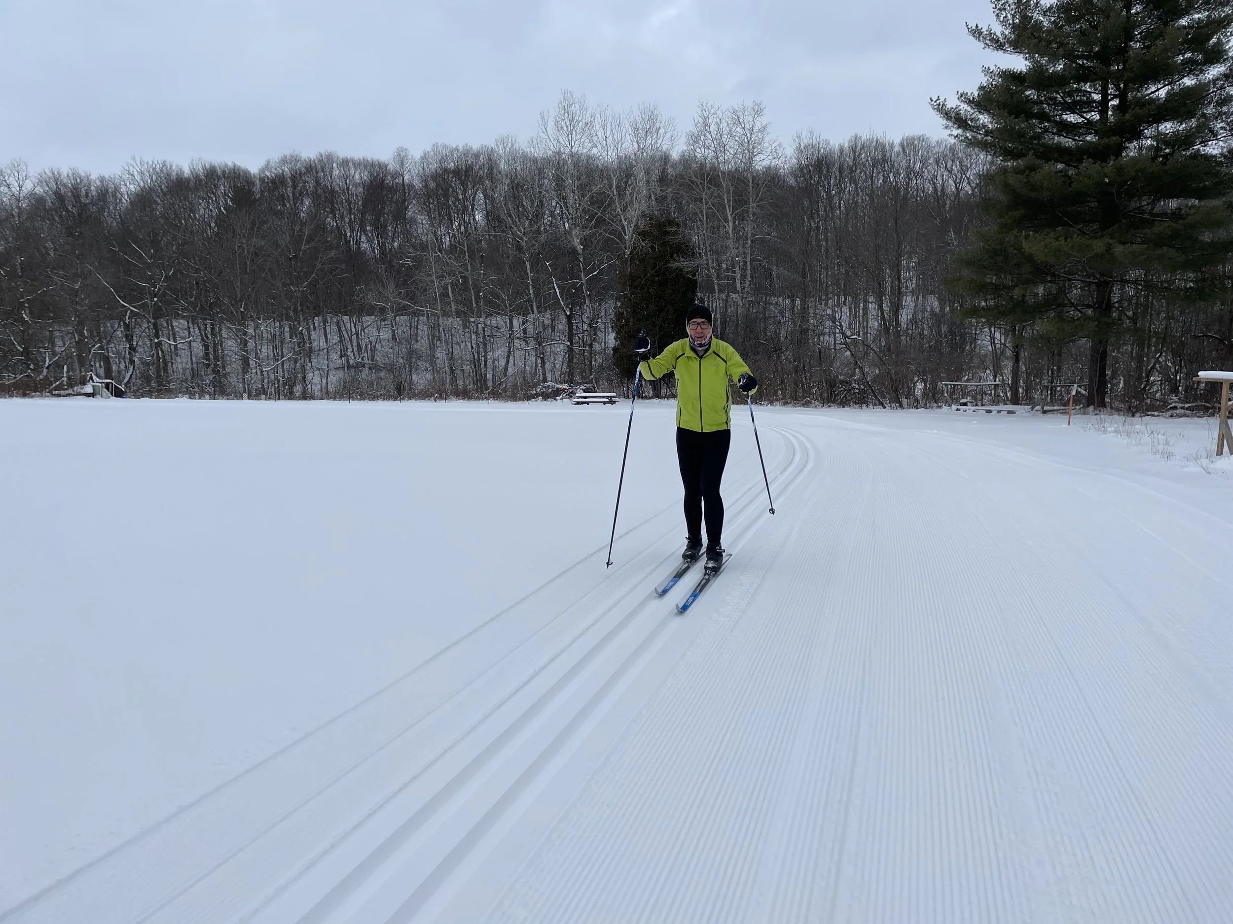 Person cross-country skiing on a snow-covered trail in a winter landscape with trees in the background.
