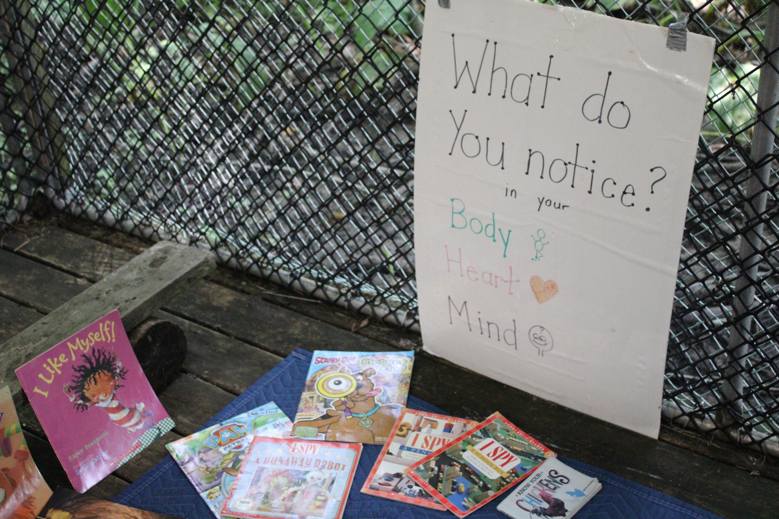 A handmade sign asking if you notice your body, heart, and mind, displayed next to children's books about self-awareness and self-love, on a wooden surface behind a chain-link fence.
