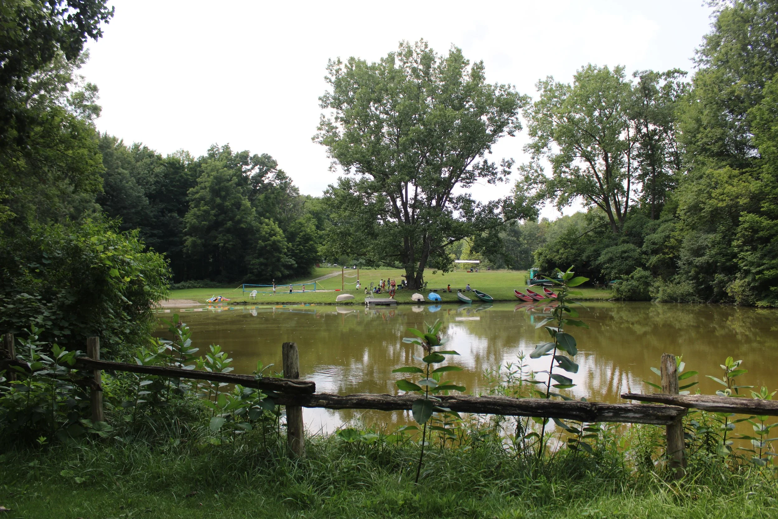 A lake with a sandy beach, boats, and people in a park surrounded by green trees and grass.