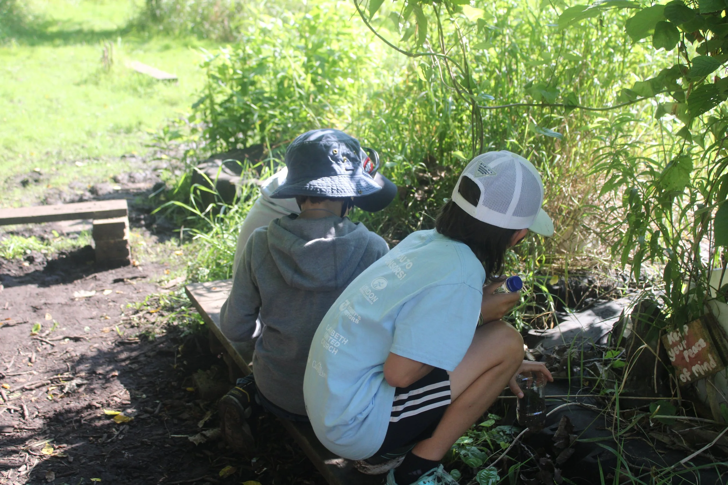 Two children sitting on a wooden bench in a garden, wearing hats, and exploring plants.