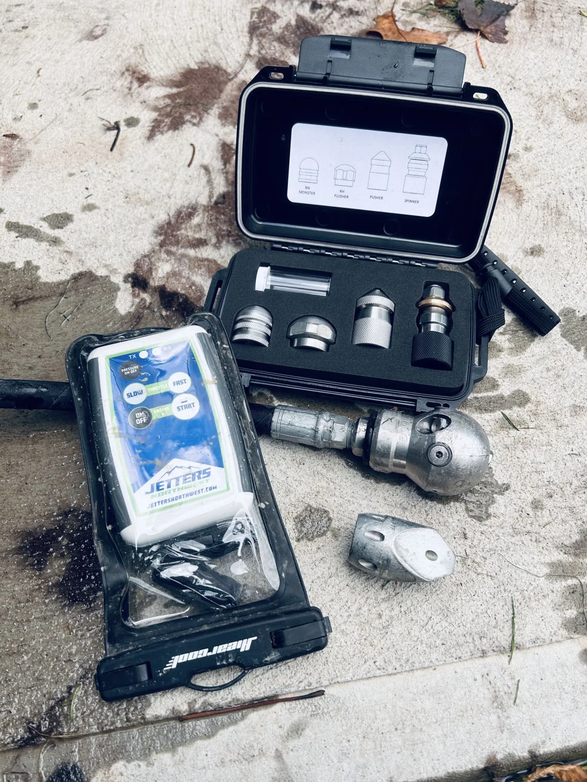 Hydro jetting nozzles in a case with the jetter remote control