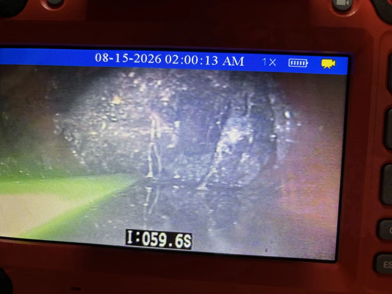 Sewer camera monitor showing tree roots inside a drain line