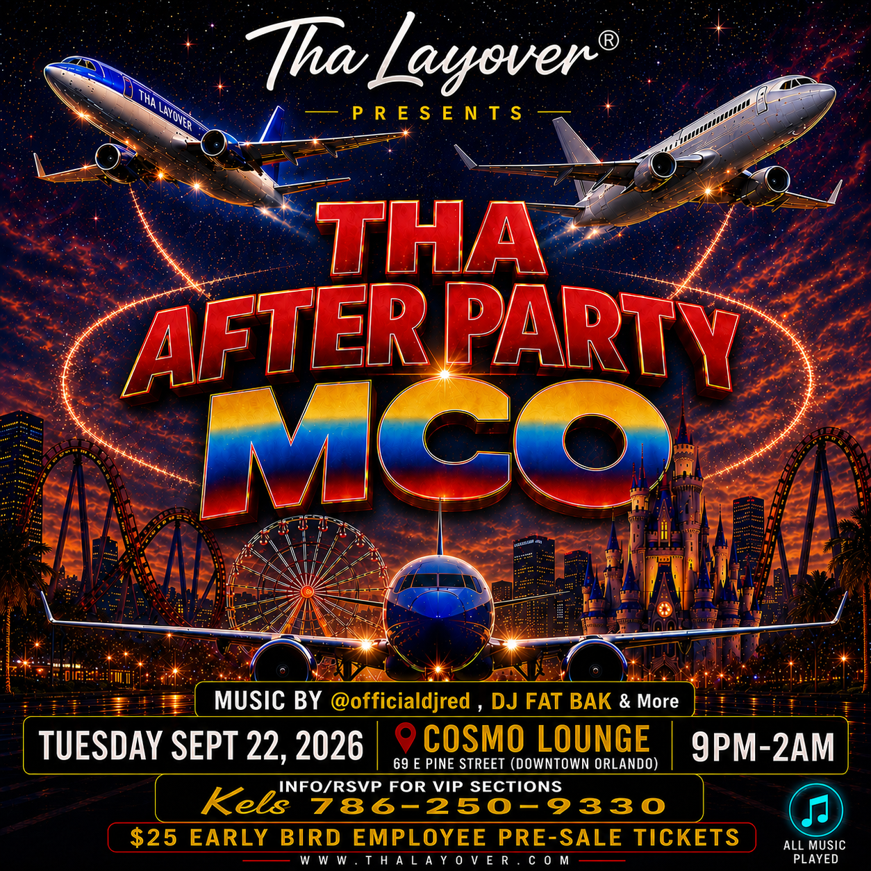 Colorful digital poster for Tha Layo ver presents Tha After Party at Mundo. Flight and amusement park visuals with a Disney castle, fireworks, and city skyline at night. Details include date, time, location, music by @officialdjred, DJ Fat Bak, RSVP info, ticket price, and website.
