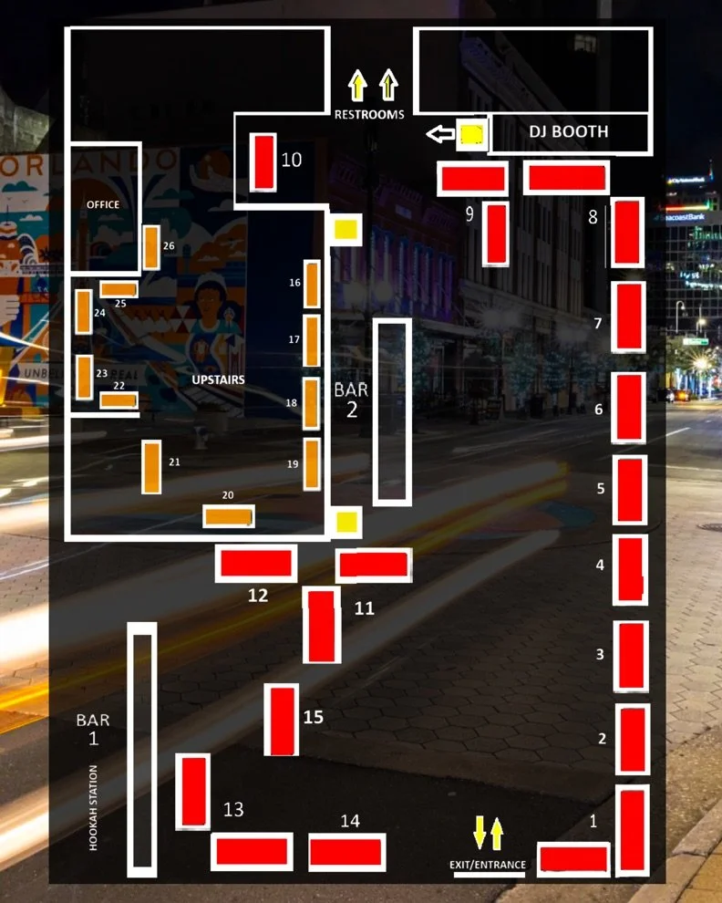 Nighttime map of a bar or nightclub with labeled sections including two bars, dance floors, a DJ booth, restrooms, VIP area, and multiple seating areas, with exit points and pathways.