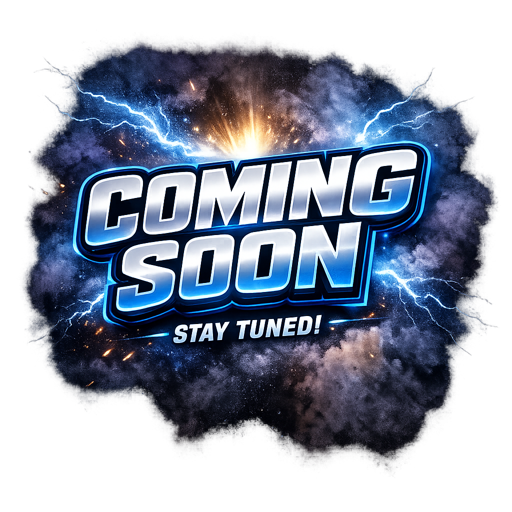 A vibrant, dynamic graphic with the words "Coming Soon" and "Stay Tuned!" surrounded by lightning, sparks, and an explosion of cosmic dust and bright light.