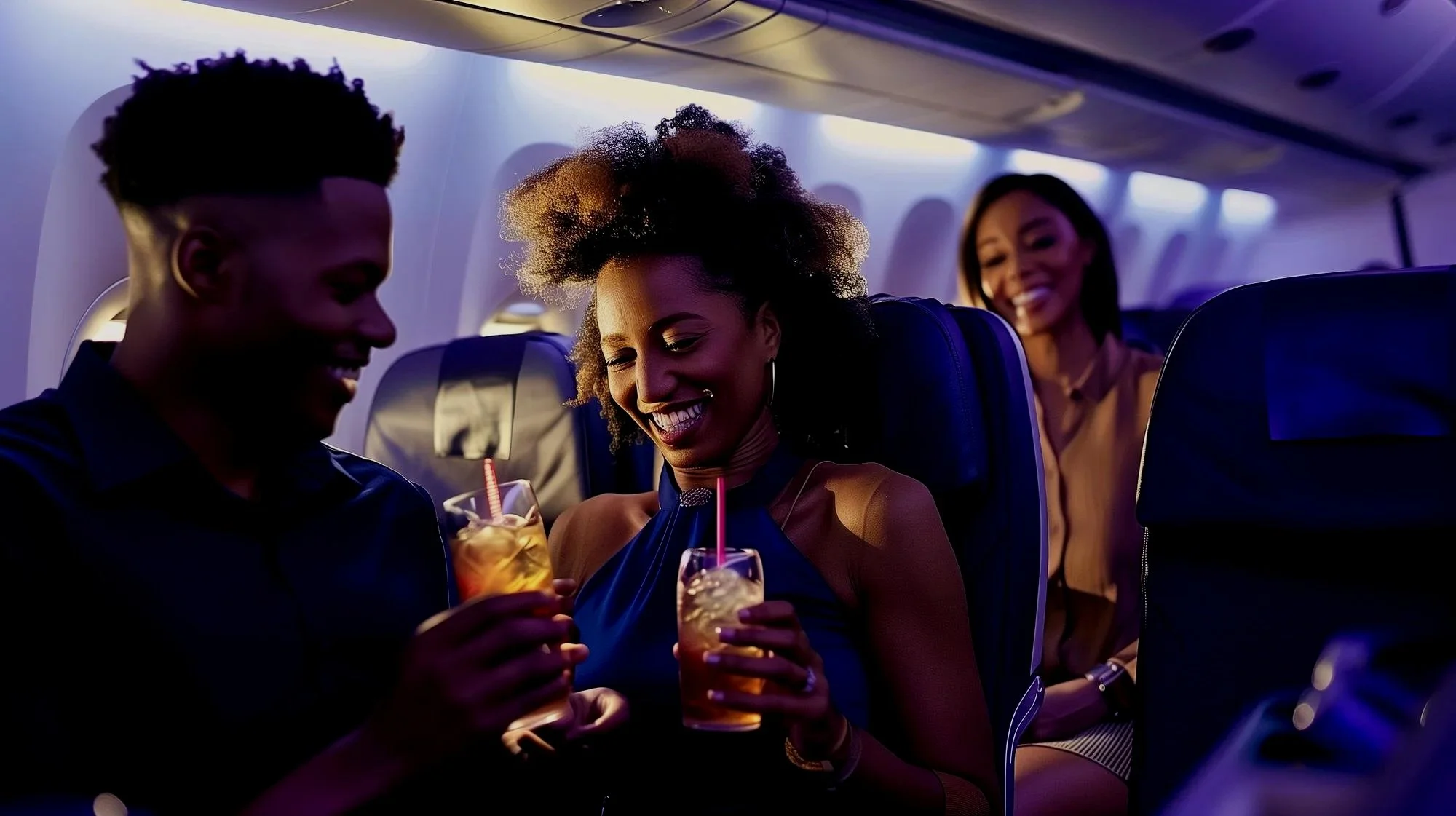 Four friends sitting in an airplane cabin, enjoying drinks and smiling.