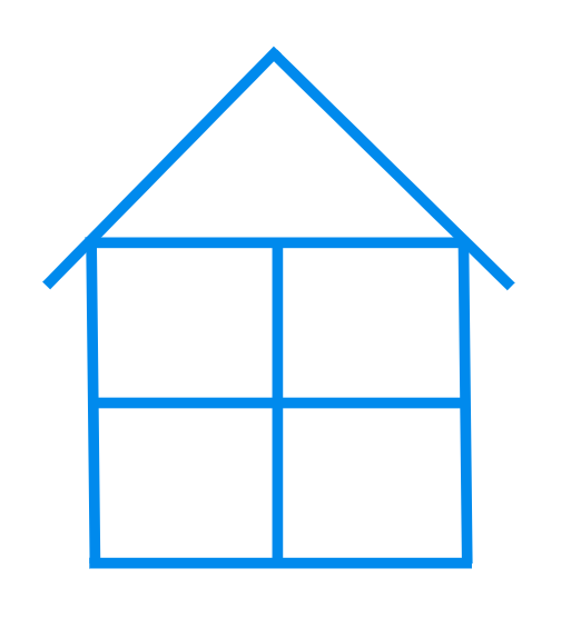 Simple blue line drawing of a house with a triangular roof and four-pane window.