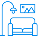 Living room with a sofa, wall-mounted television, wall art, and floor lamp