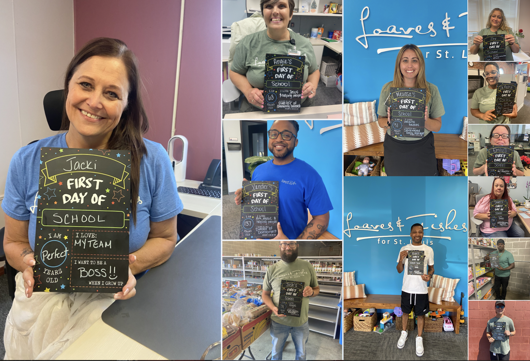 A collage of people holding chalkboard signs that say 'First Day of School,' featuring a diverse group of students and teachers in various settings.