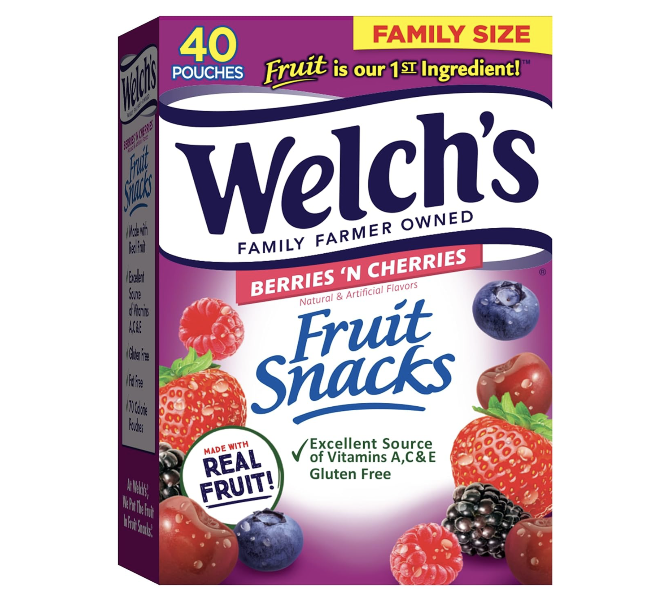 Front of Welch's fruit snacks box with images of strawberries, blueberries, raspberries, and blackberries. The box indicates it contains 40 pouches, family size, with natural and artificial flavors, and is gluten free with vitamins A, C, and E.