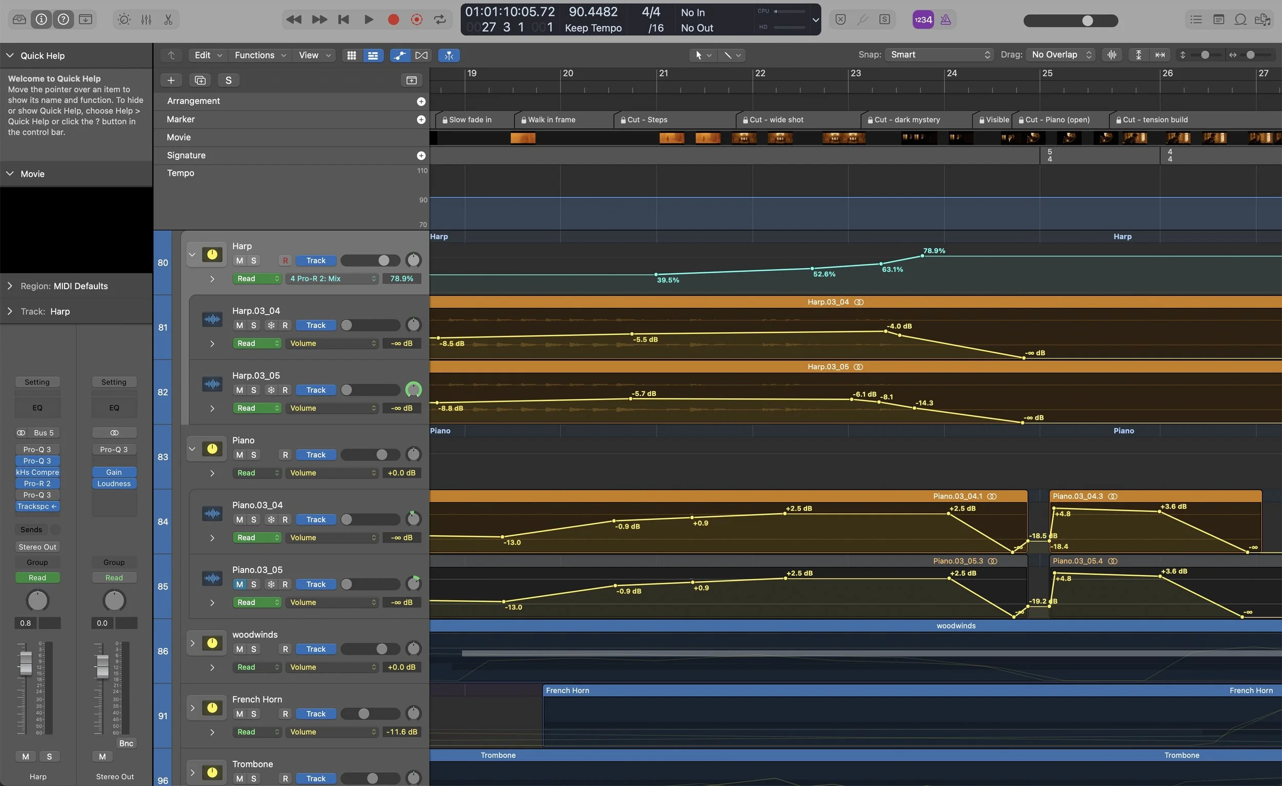 Screenshot of music production software interface showing tracks, volume levels, automation, and editing tools used for audio mixing and editing.