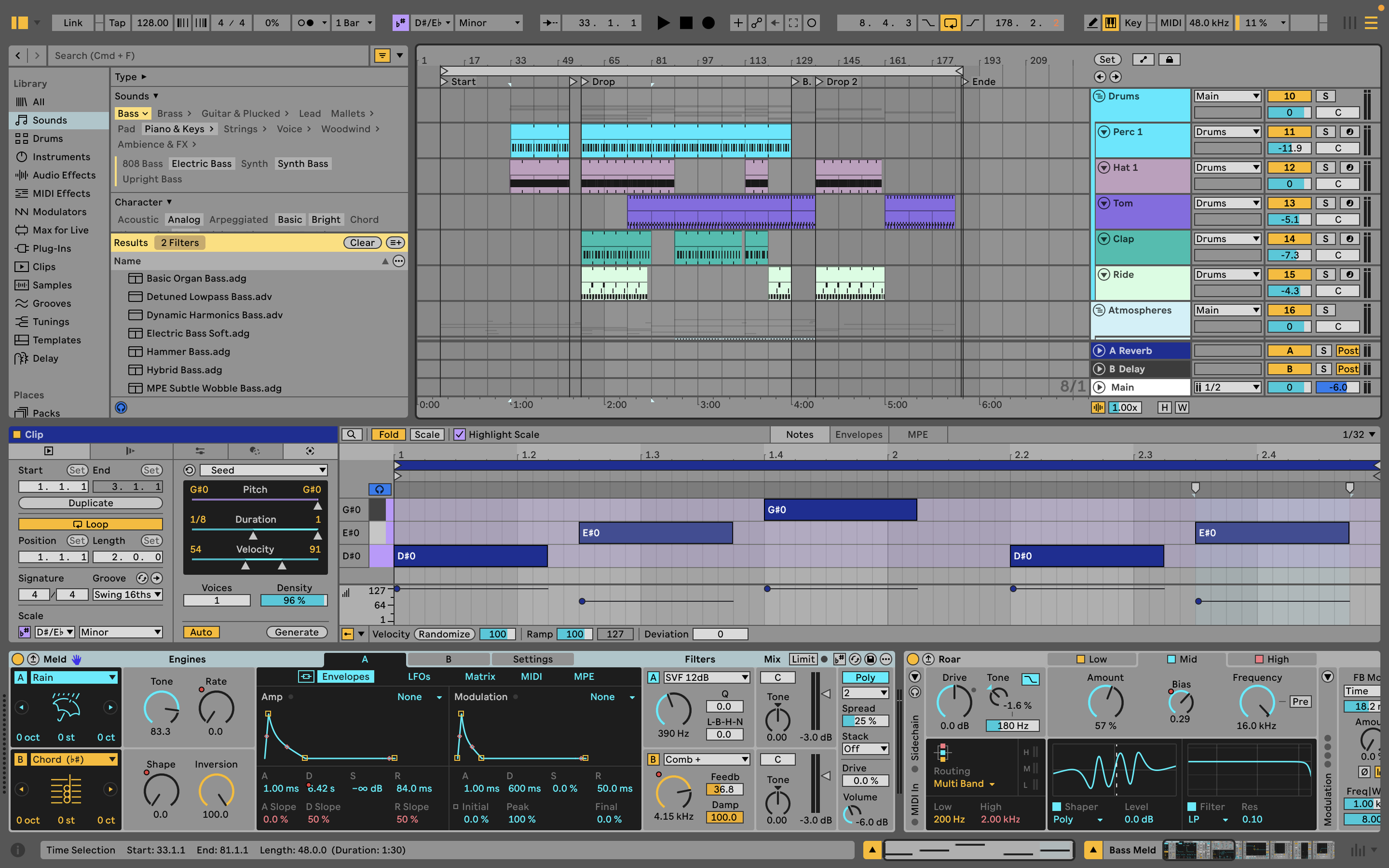 Screenshot of music production software (Ableton Live) displaying multiple tracks, sound samples, and MIDI clips for creating electronic music.