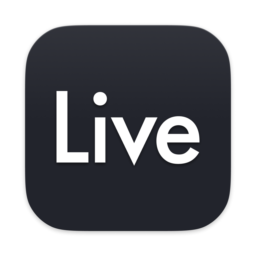 Black square button with rounded corners and the word "Live" in white text.