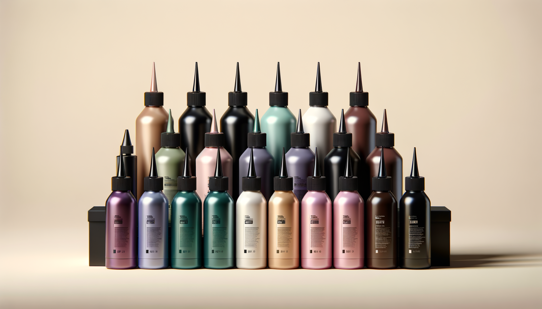 A collection of colorful spray paint bottles arranged on black risers against a beige background.