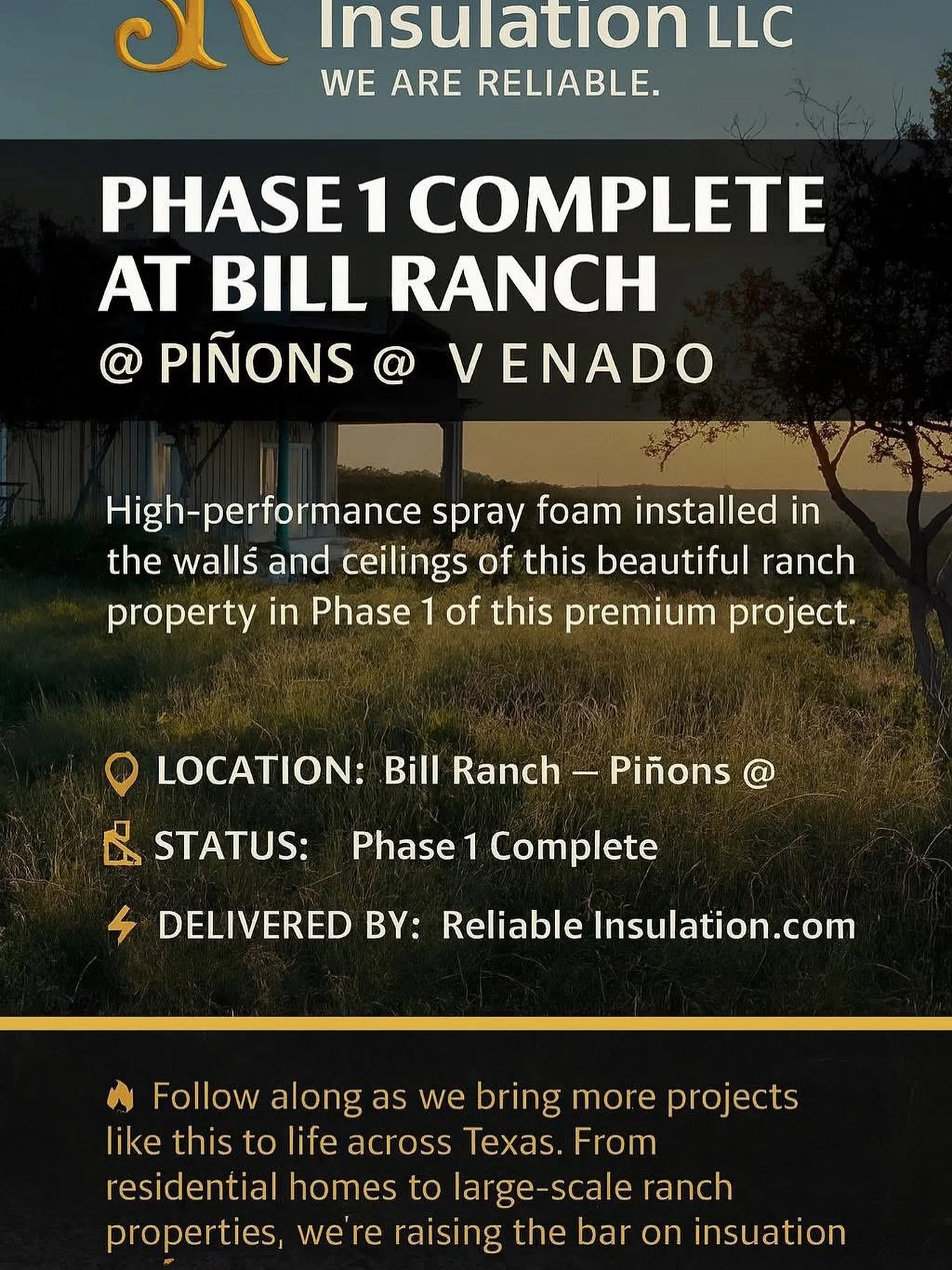 🚧✨ Phase 1 Complete at Bill Ranch – Piñons @ Venado ✨🚧
Reliable Insulation LLC is proud to showcase the completion of Phase 1 at the Bill Ranch project in the exclusive Piñons @ Venado community. This marks an important milesto